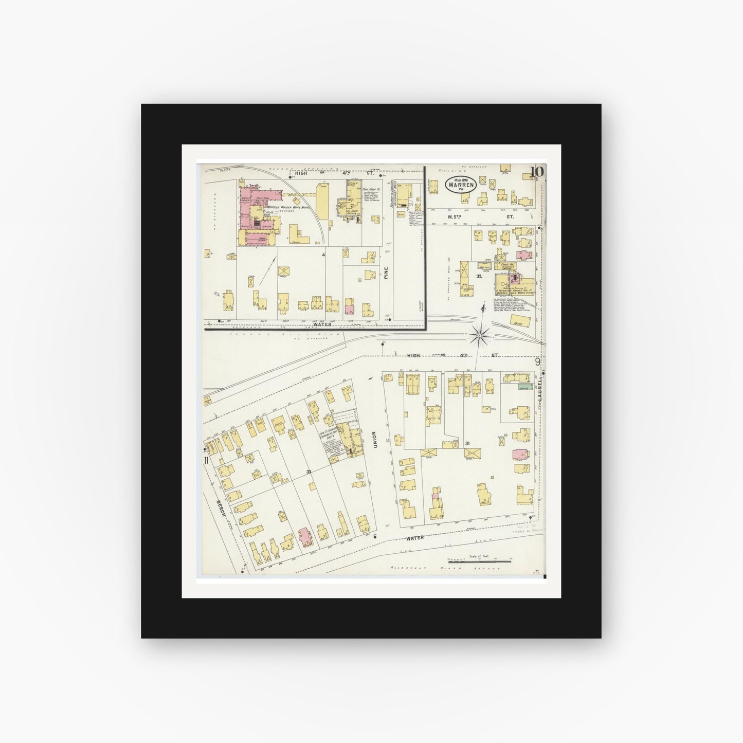 Old map wall art mockup — black gallery frame with white mat — Sanborn Fire Insurance Map from Warren, Warren County, Pennsylvania (1898), Sheet #0010