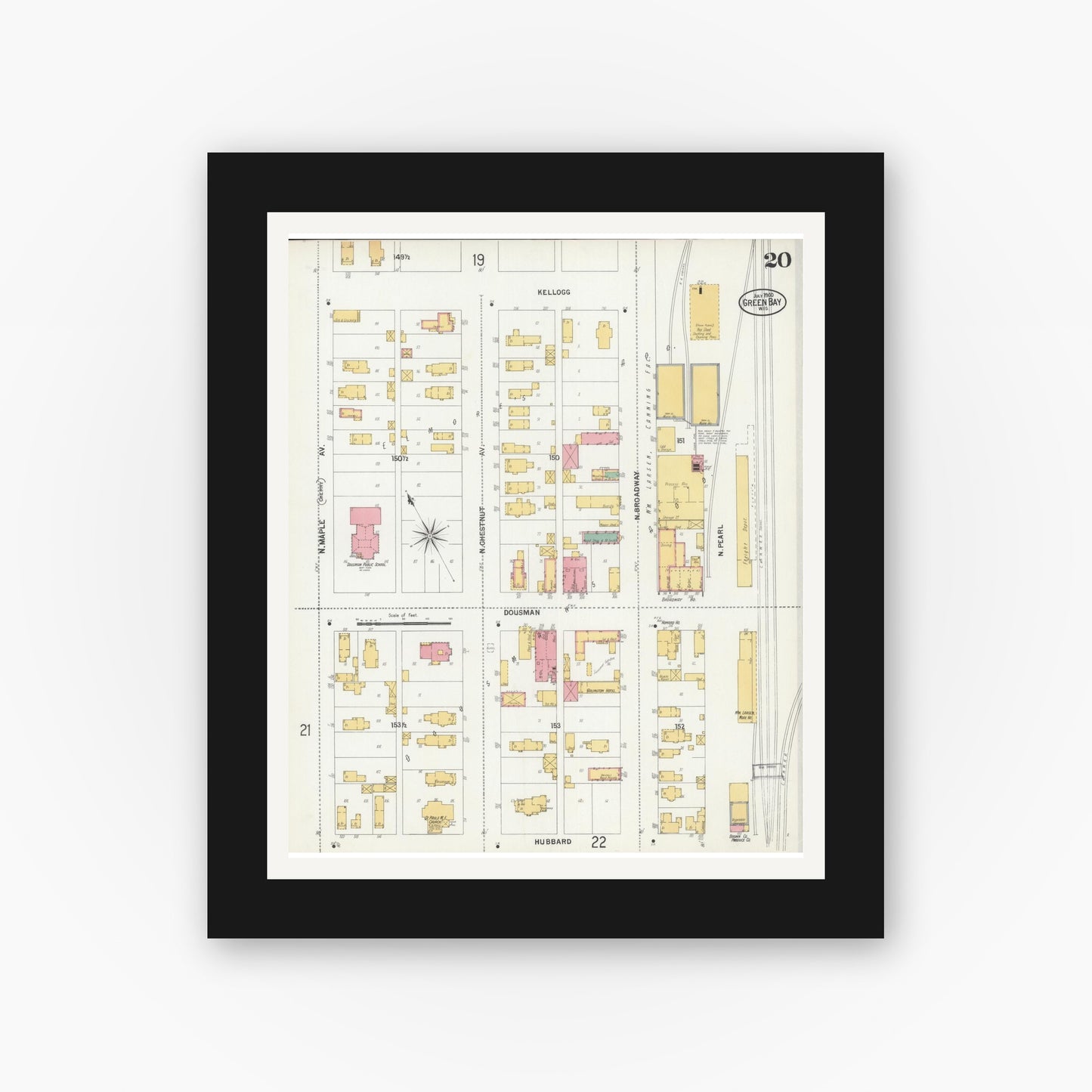 Old map wall art mockup — black gallery frame with white mat — Sanborn Fire Insurance Map from Green Bay, Brown County, Wisconsin (1900), Sheet #0020