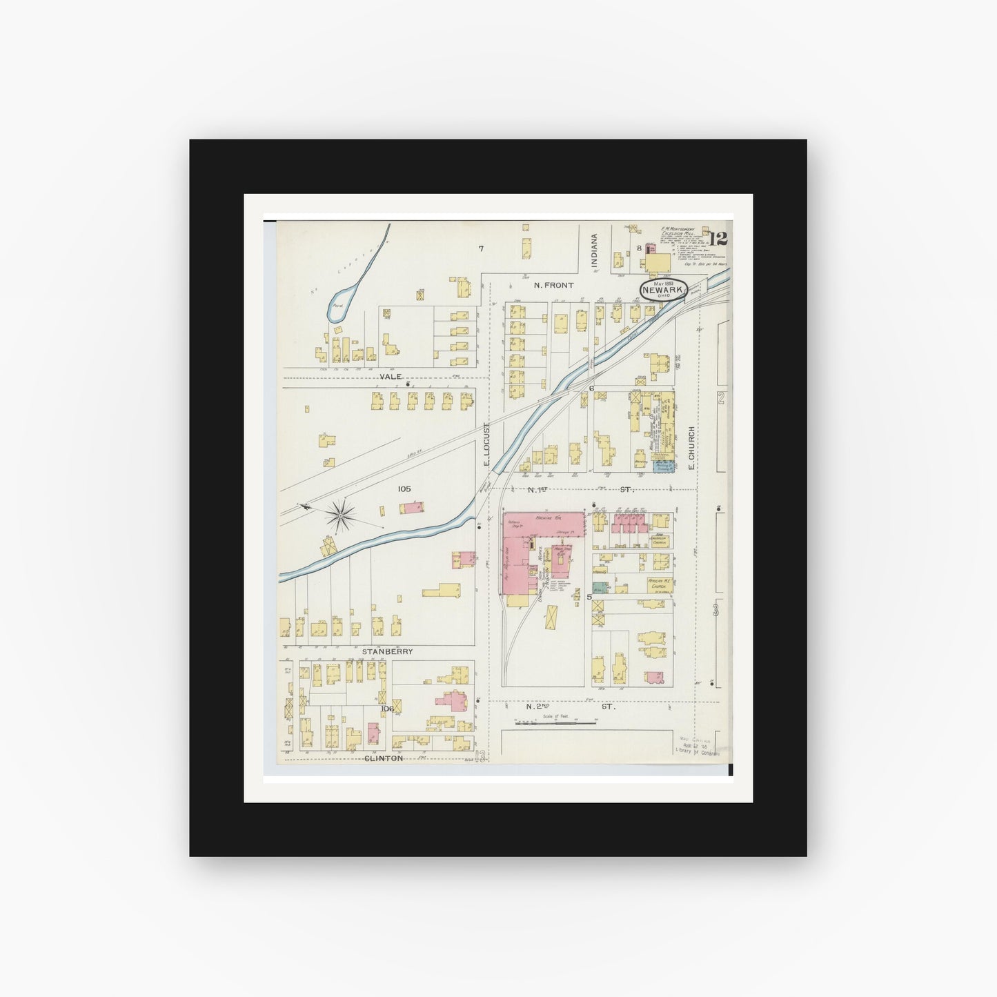 Old map wall art mockup — black gallery frame with white mat — Sanborn Fire Insurance Map from Newark, Licking County, Ohio (1893), Sheet #0012