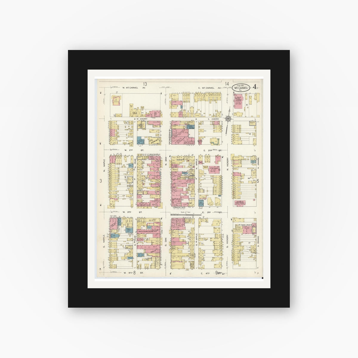 Old map wall art mockup — black gallery frame with white mat — Sanborn Fire Insurance Map from Mount Carmel, Northumberland County, Pennsylvania (1913), Sheet #0004