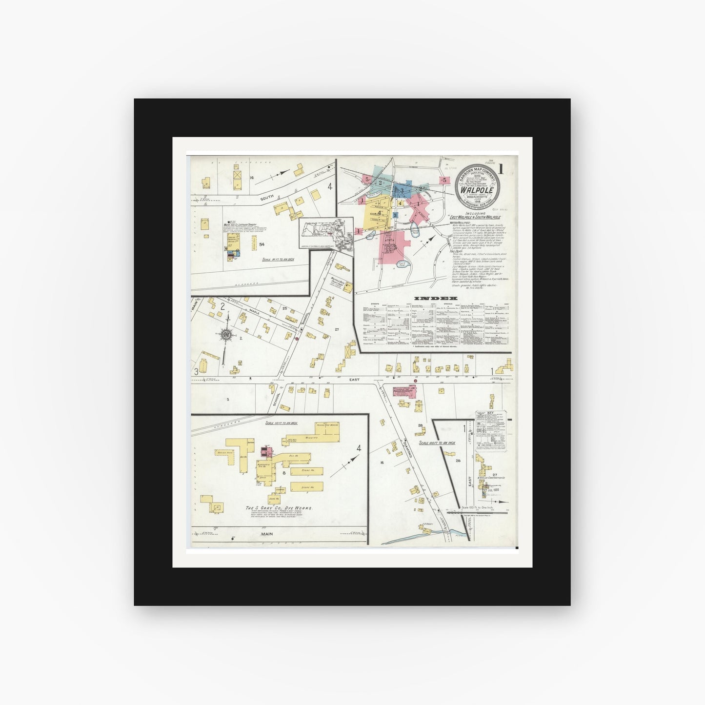 Old map wall art mockup — black gallery frame with white mat — Sanborn Fire Insurance Map from Walpole, Norfolk County, Massachusetts (1918), Sheet #0001
