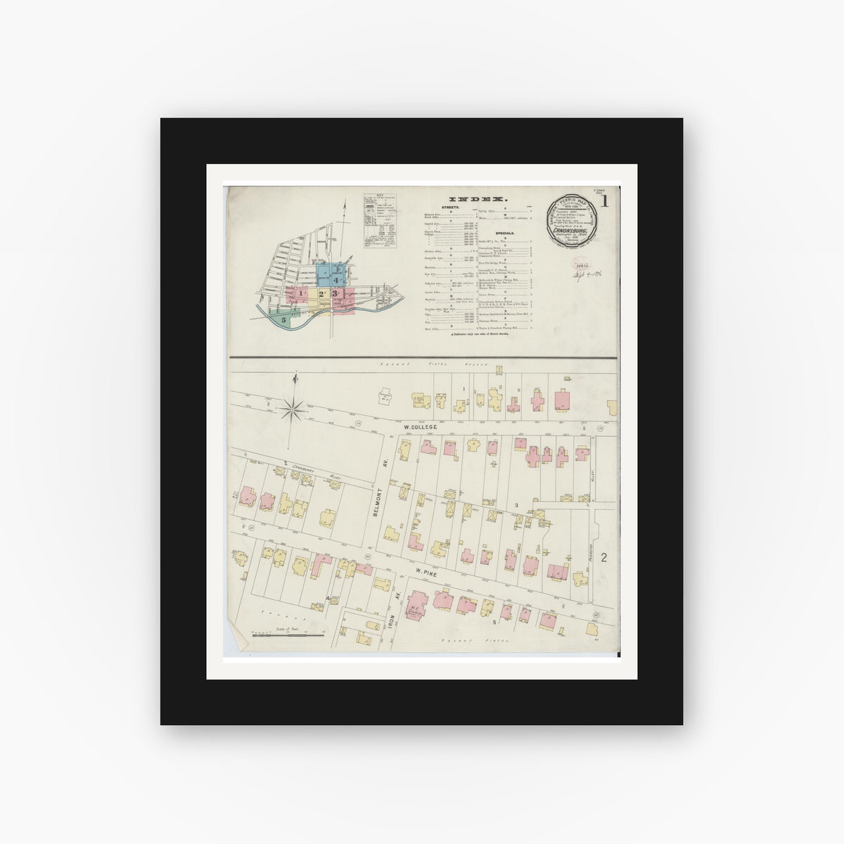 Old map wall art mockup — black gallery frame with white mat — Sanborn Fire Insurance Map from Canonsburg, Washington County, Pennsylvania (1896) - Complete Map Set