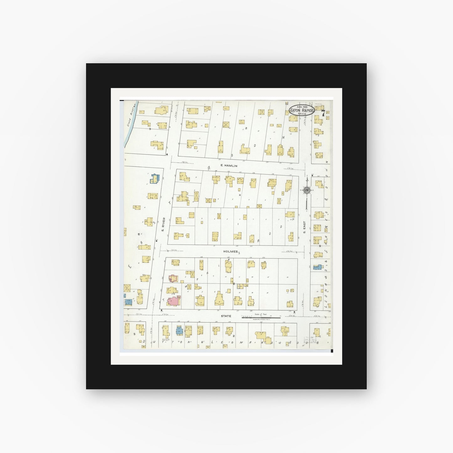 Old map wall art mockup — black gallery frame with white mat — Sanborn Fire Insurance Map from Eaton Rapids, Eaton County, Michigan (1918), Sheet #0007