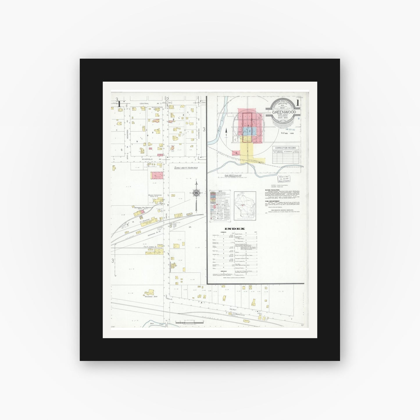 Old map wall art mockup — black gallery frame with white mat — Sanborn Fire Insurance Map from Greenwood, Clark County, Wisconsin (1940), Sheet #0001