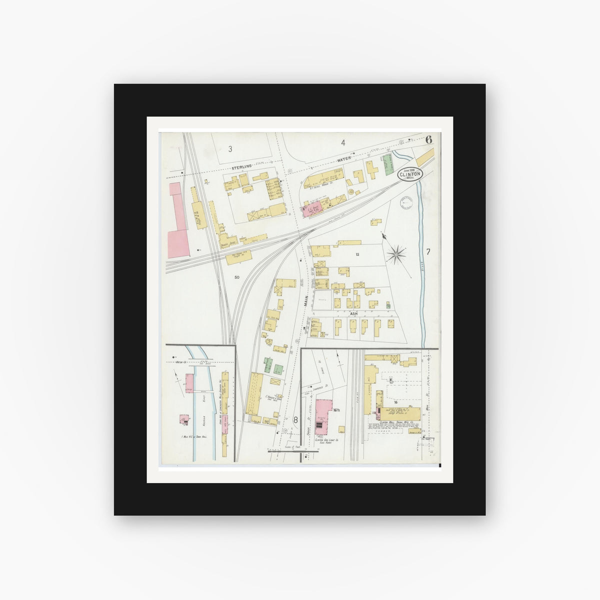 Old map wall art mockup — black gallery frame with white mat — Sanborn Fire Insurance Map from Clinton, Worcester County, Massachusetts (1899), Sheet #0006