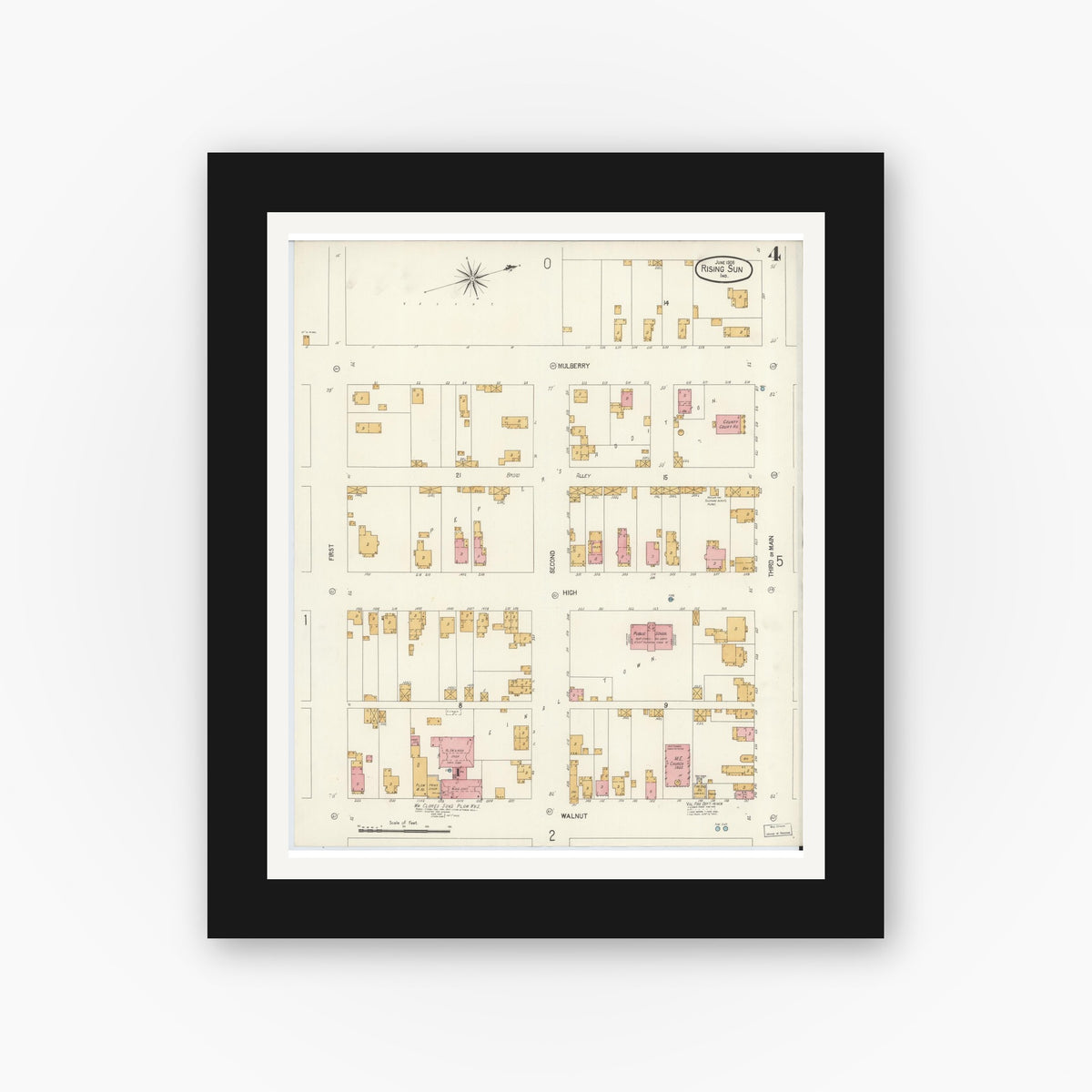 Old map wall art mockup — black gallery frame with white mat — Sanborn Fire Insurance Map from Rising Sun, Ohio County, Indiana (1906), Sheet #0004