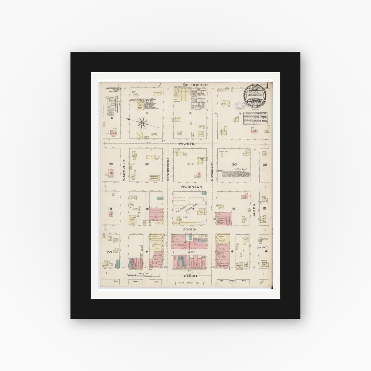 Old map wall art mockup — black gallery frame with white mat — Sanborn Fire Insurance Map from Cleburne, Johnson County, Texas (1885) - Complete Map Set