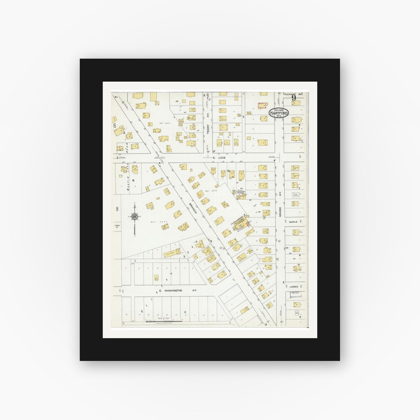 Old map wall art mockup — black gallery frame with white mat — Sanborn Fire Insurance Map from Hartford, Washington County, Wisconsin (1918), Sheet #0009