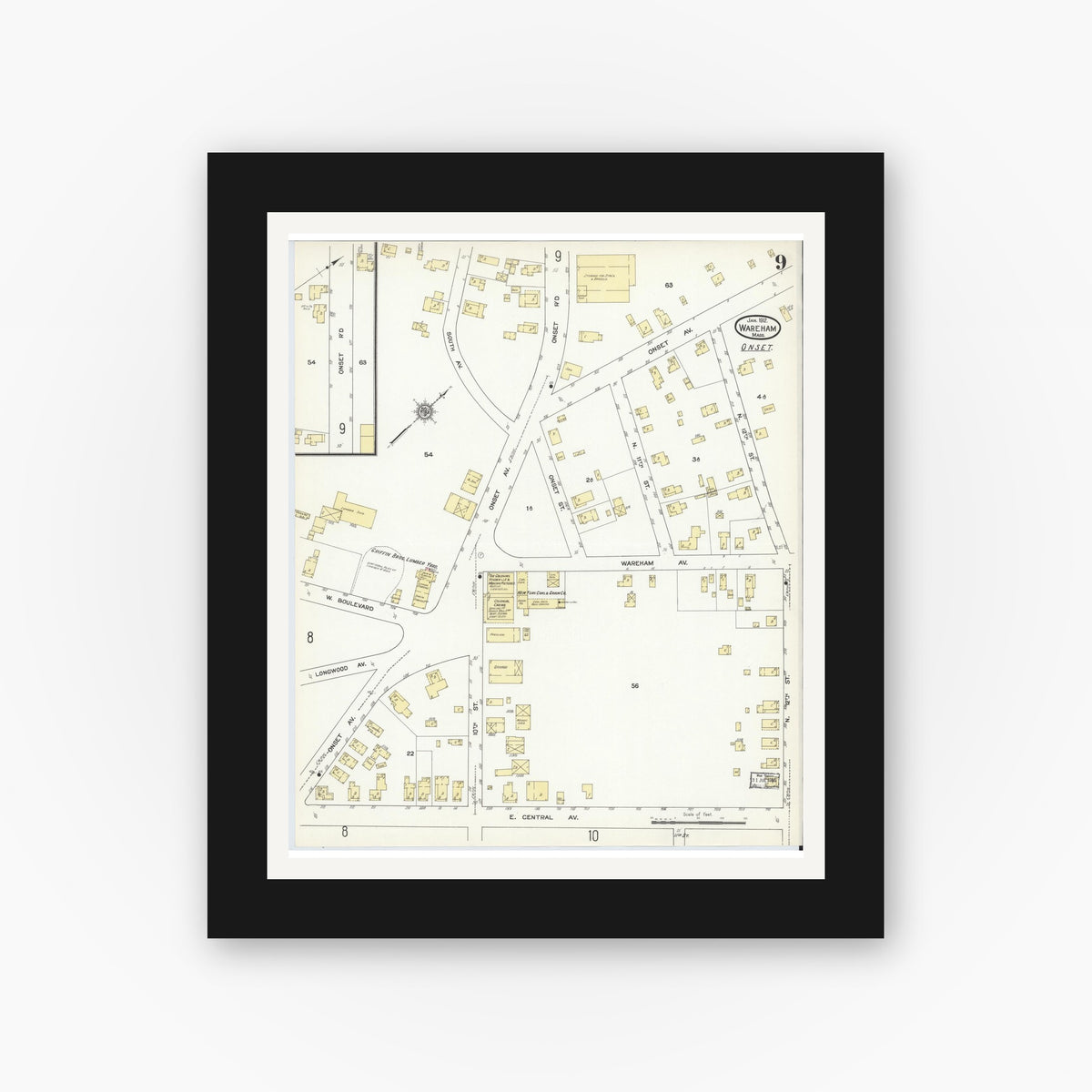 Old map wall art mockup — black gallery frame with white mat — Sanborn Fire Insurance Map from Wareham, Plymouth County, Massachusetts (1912), Sheet #0009
