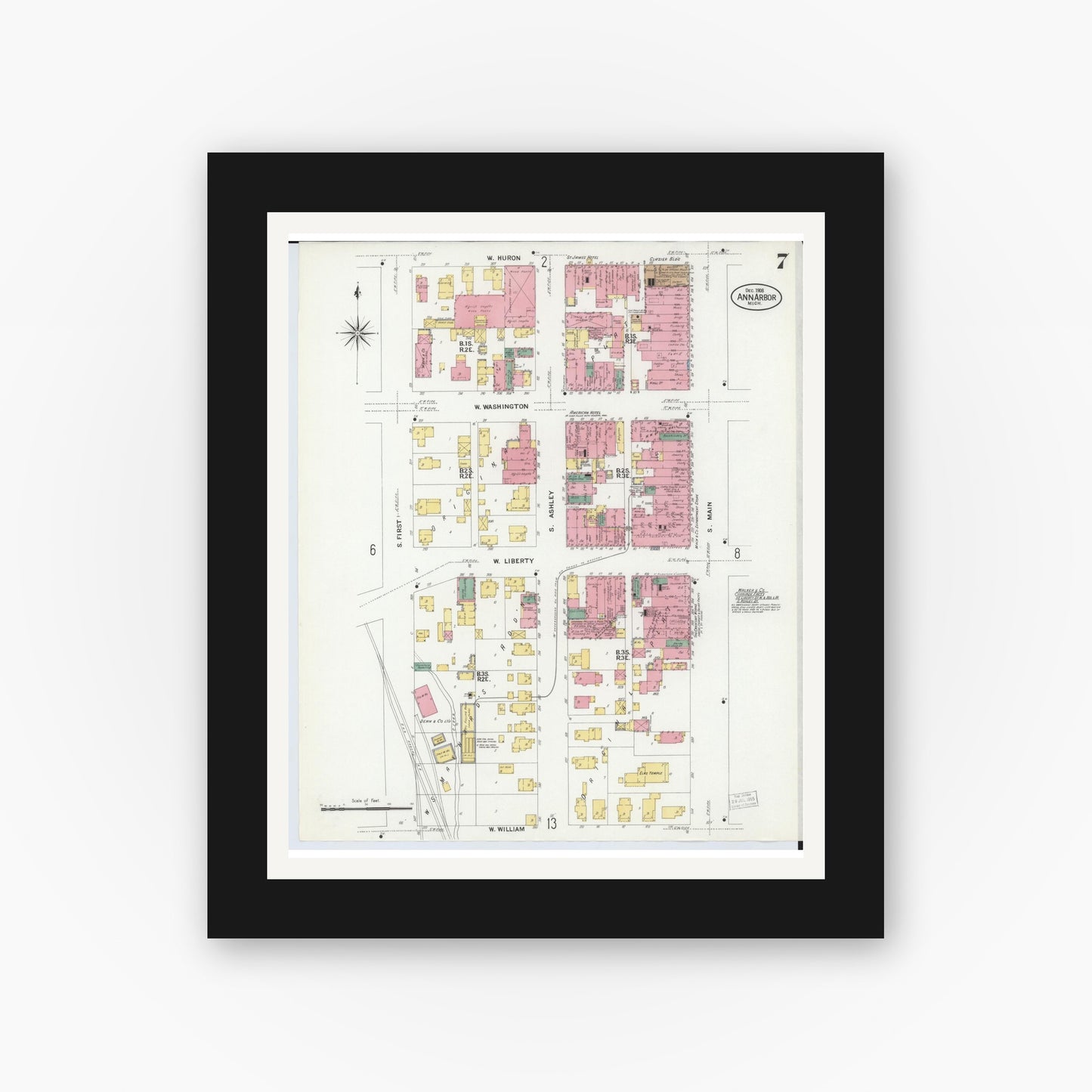 Old map wall art mockup — black gallery frame with white mat — Sanborn Fire Insurance Map from Ann Arbor, Washtenaw County, Michigan (1908), Sheet #0007