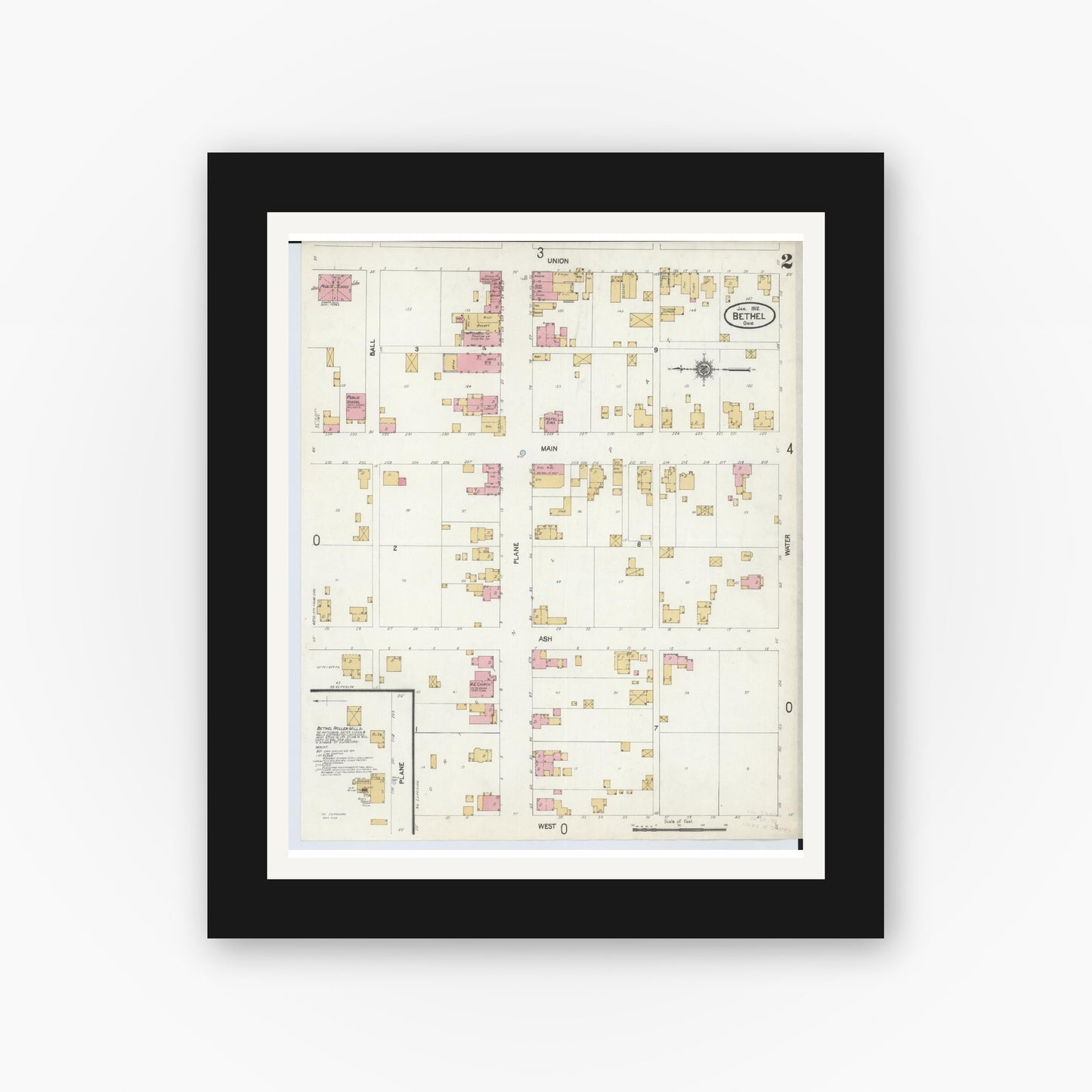 Old map wall art mockup — black gallery frame with white mat — Sanborn Fire Insurance Map from Bethel, Clermont County, Ohio (1912), Sheet #0002