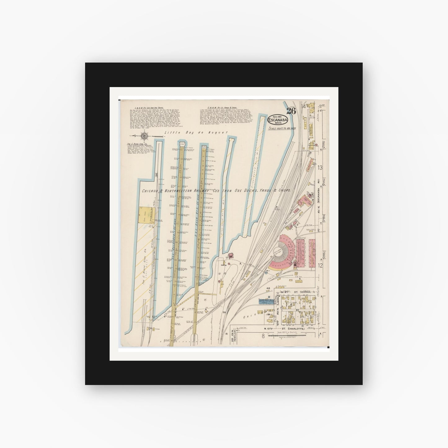 Old map wall art mockup — black gallery frame with white mat — Sanborn Fire Insurance Map from Escanaba, Delta County, Michigan (1921), Sheet #0026