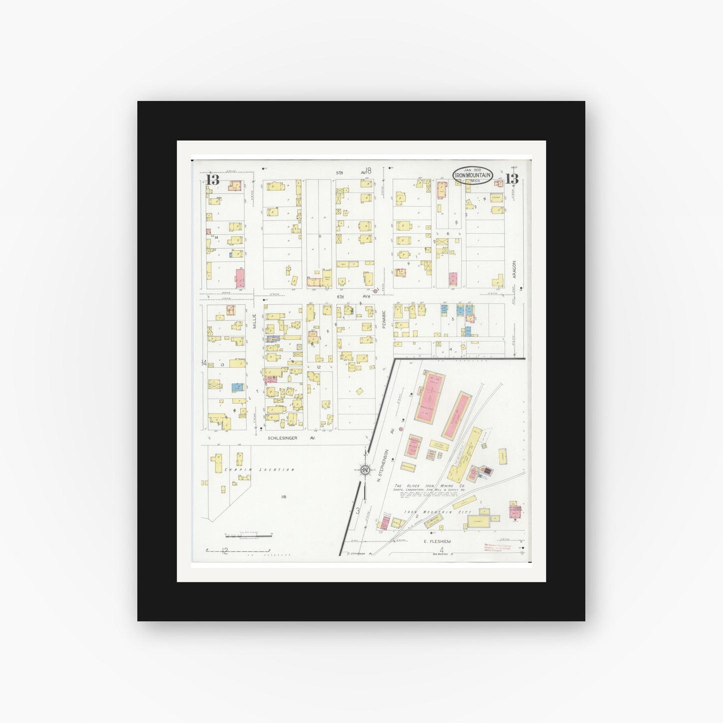 Old map wall art mockup — black gallery frame with white mat — Sanborn Fire Insurance Map from Iron Mountain, Dickinson County, Michigan (1930), Sheet #0013