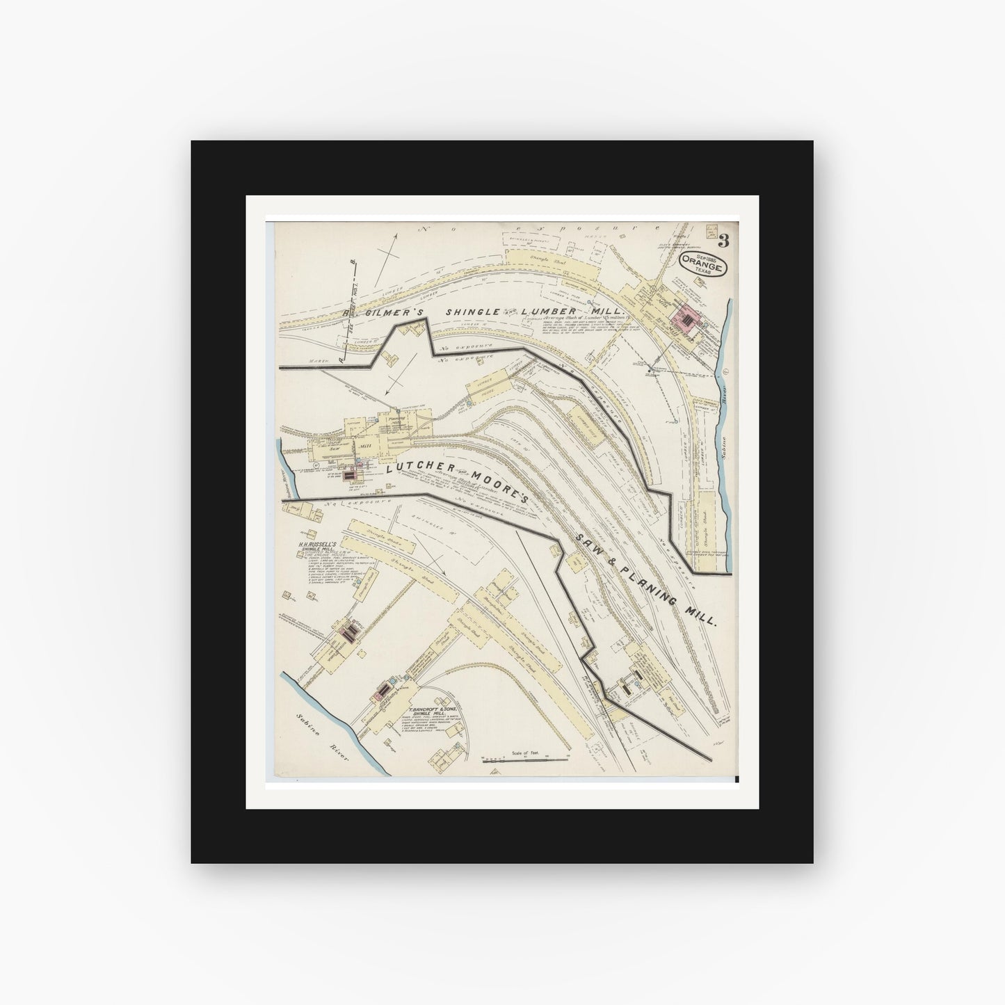 Old map wall art mockup — black gallery frame with white mat — Sanborn Fire Insurance Map from Orange, Orange County, Texas (1885), Sheet #0003