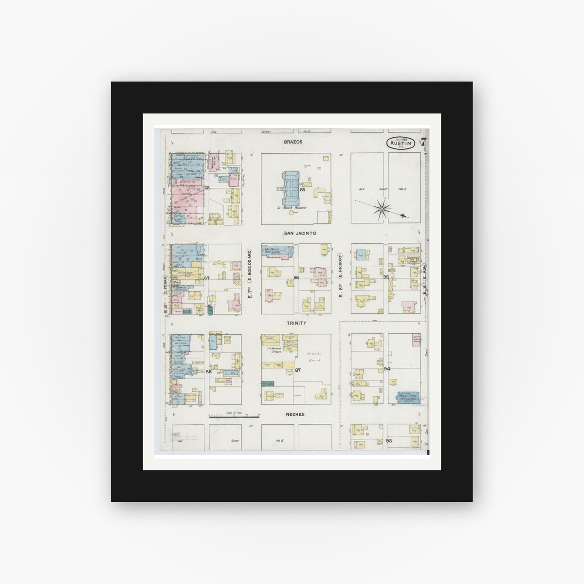 Old map wall art mockup — black gallery frame with white mat — Sanborn Fire Insurance Map from Austin, Travis County, Texas (1889), Sheet #0007