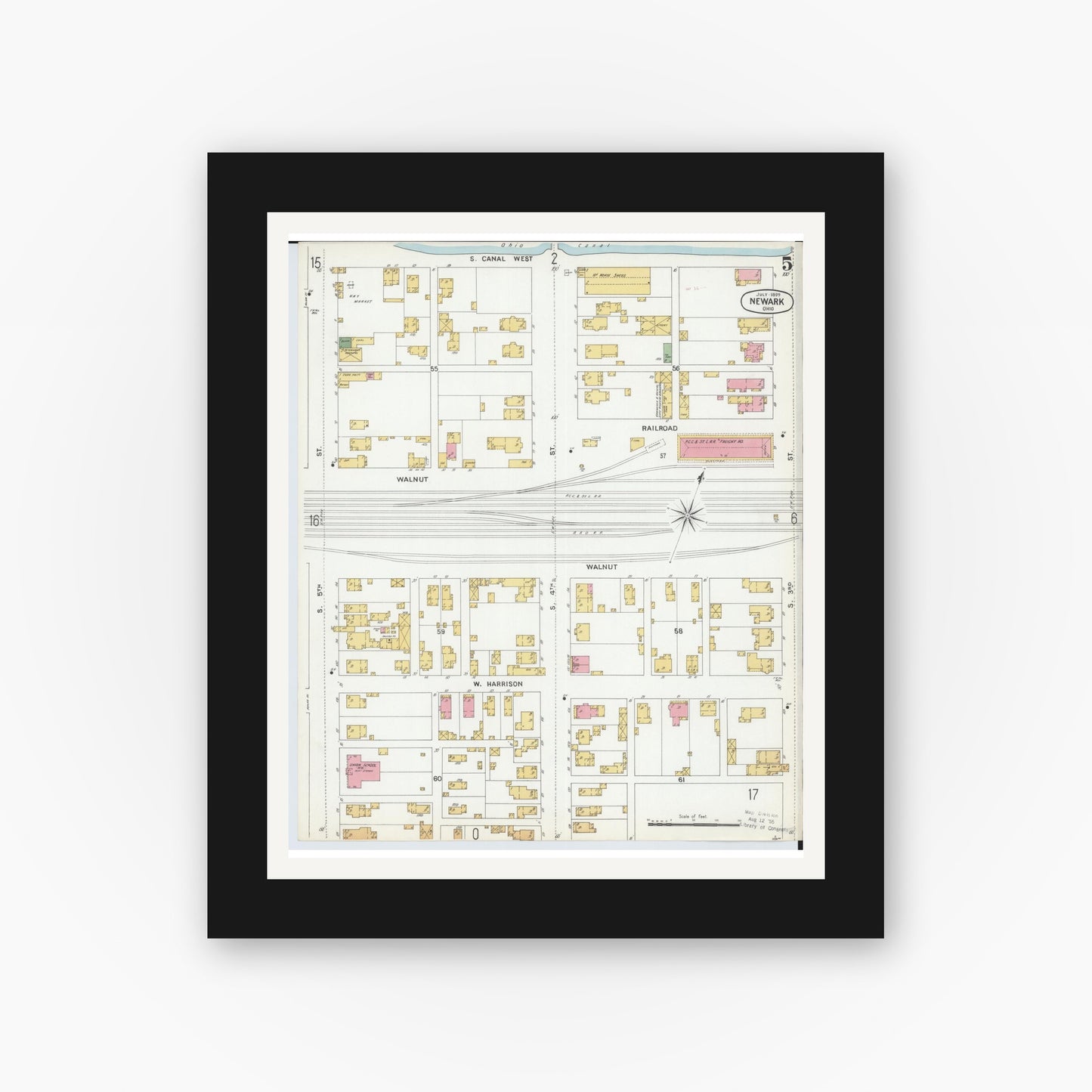 Old map wall art mockup — black gallery frame with white mat — Sanborn Fire Insurance Map from Newark, Licking County, Ohio (1899), Sheet #0005