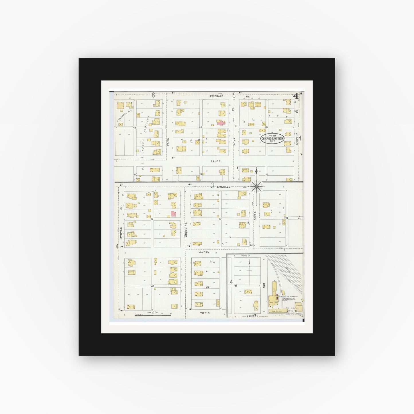 Old map wall art mockup — black gallery frame with white mat — Sanborn Fire Insurance Map from Chicago Junction, Huron County, Ohio (1904), Sheet #0004