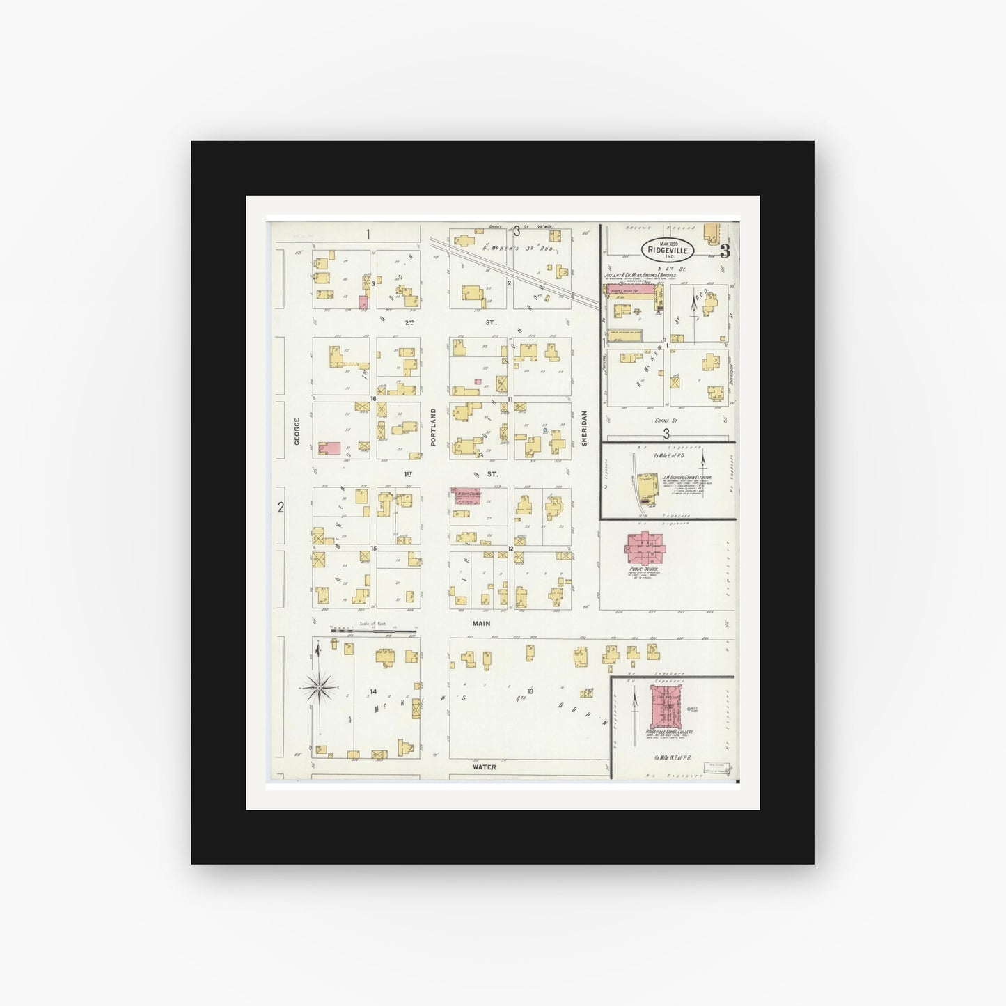 Old map wall art mockup — black gallery frame with white mat — Sanborn Fire Insurance Map from Ridgeville, Randolph County, Indiana (1899), Sheet #0003