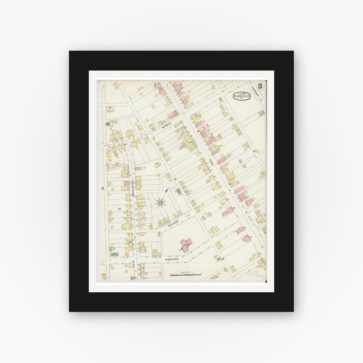 Old map wall art mockup — black gallery frame with white mat — Sanborn Fire Insurance Map from Hanover, York County, Pennsylvania (1896), Sheet #0003