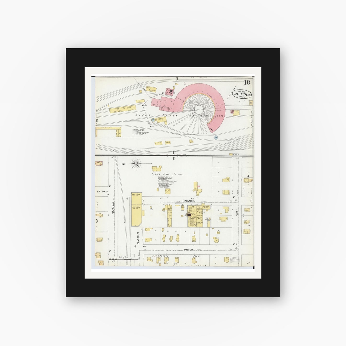 Old map wall art mockup — black gallery frame with white mat — Sanborn Fire Insurance Map from Battle Creek, Calhoun County, Michigan (1899), Sheet #0018