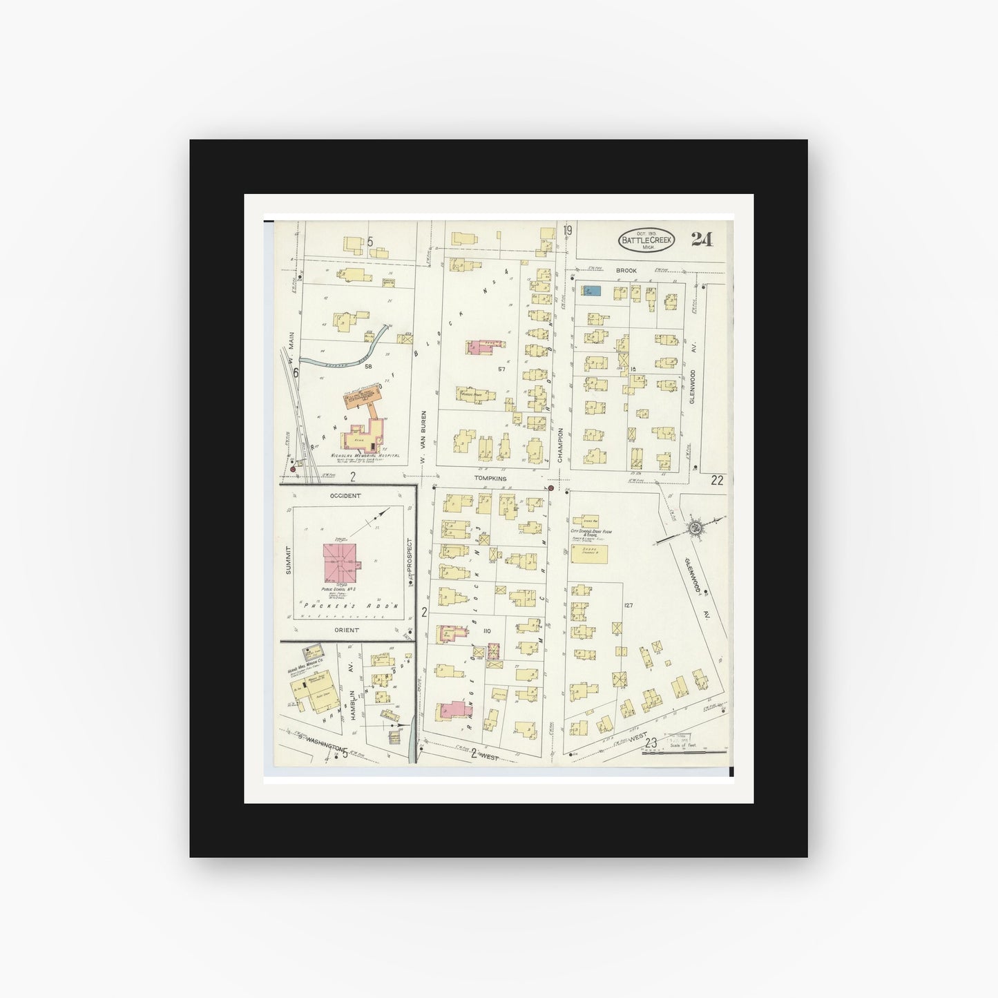 Old map wall art mockup — black gallery frame with white mat — Sanborn Fire Insurance Map from Battle Creek, Calhoun County, Michigan (1913), Sheet #0024
