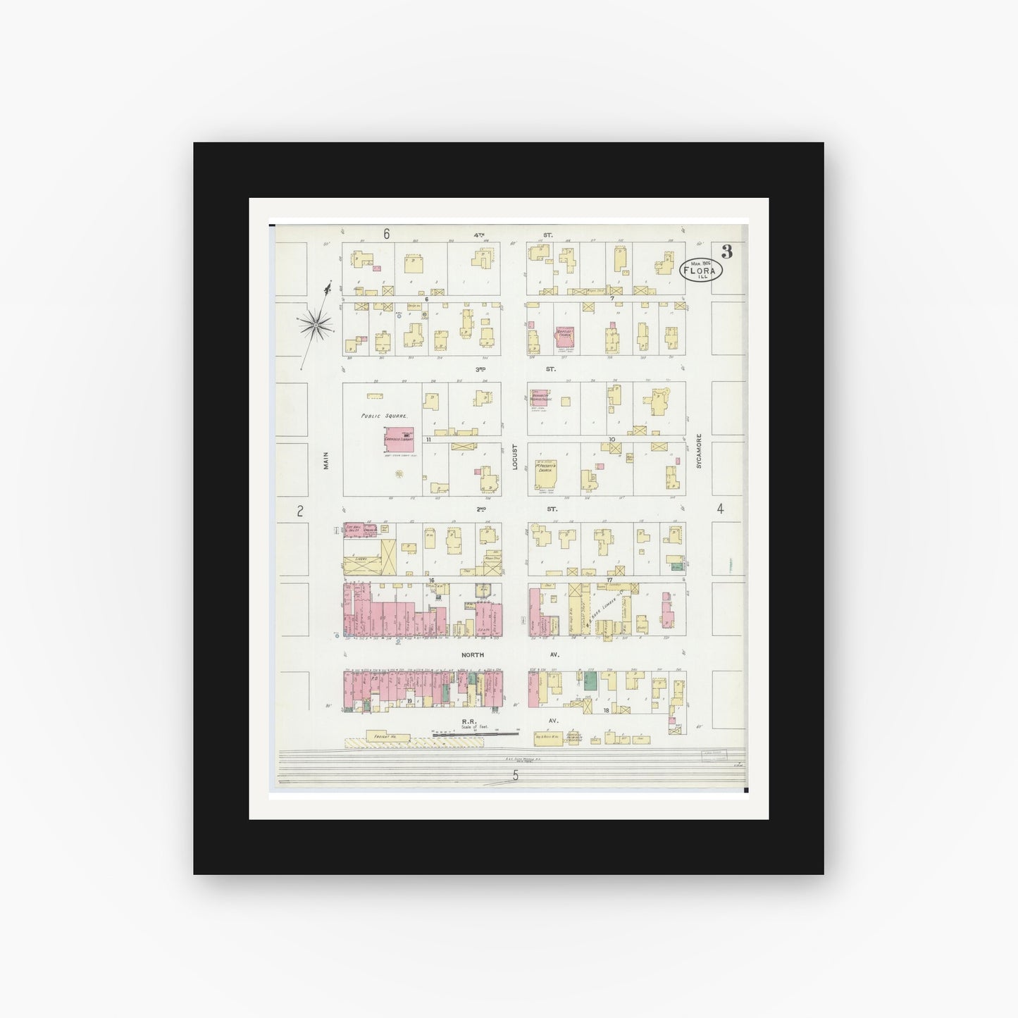 Old map wall art mockup — black gallery frame with white mat — Sanborn Fire Insurance Map from Flora, Clay County, Illinois (1906), Sheet #0003