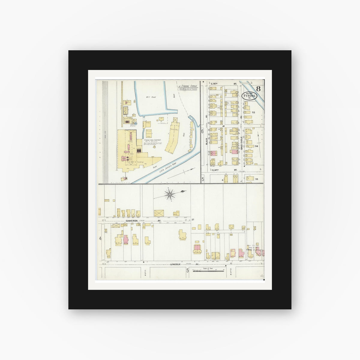 Old map wall art mockup — black gallery frame with white mat — Sanborn Fire Insurance Map from Tyrone, Blair County, Pennsylvania (1906), Sheet #0008