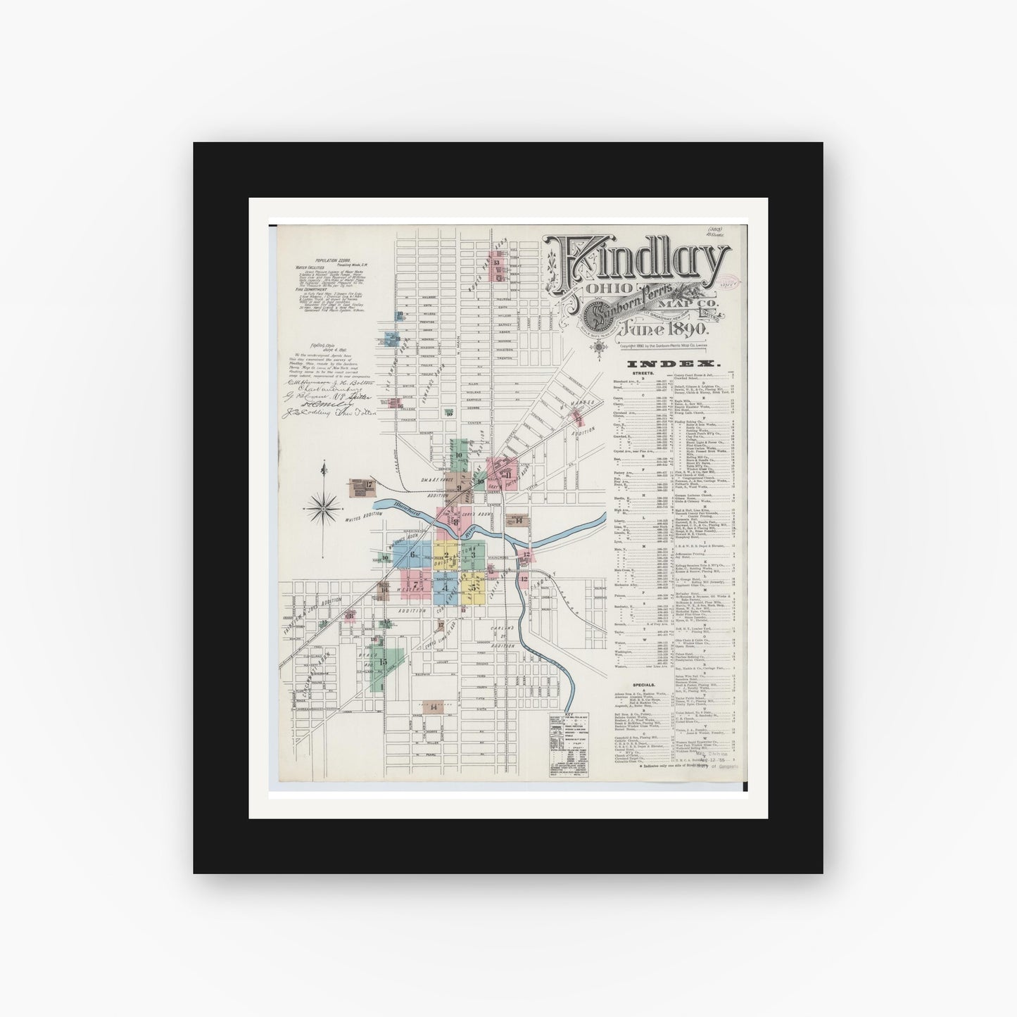 Old map wall art mockup — black gallery frame with white mat — Sanborn Fire Insurance Map from Findlay, Hancock County, Ohio (1890) - Complete Map Set