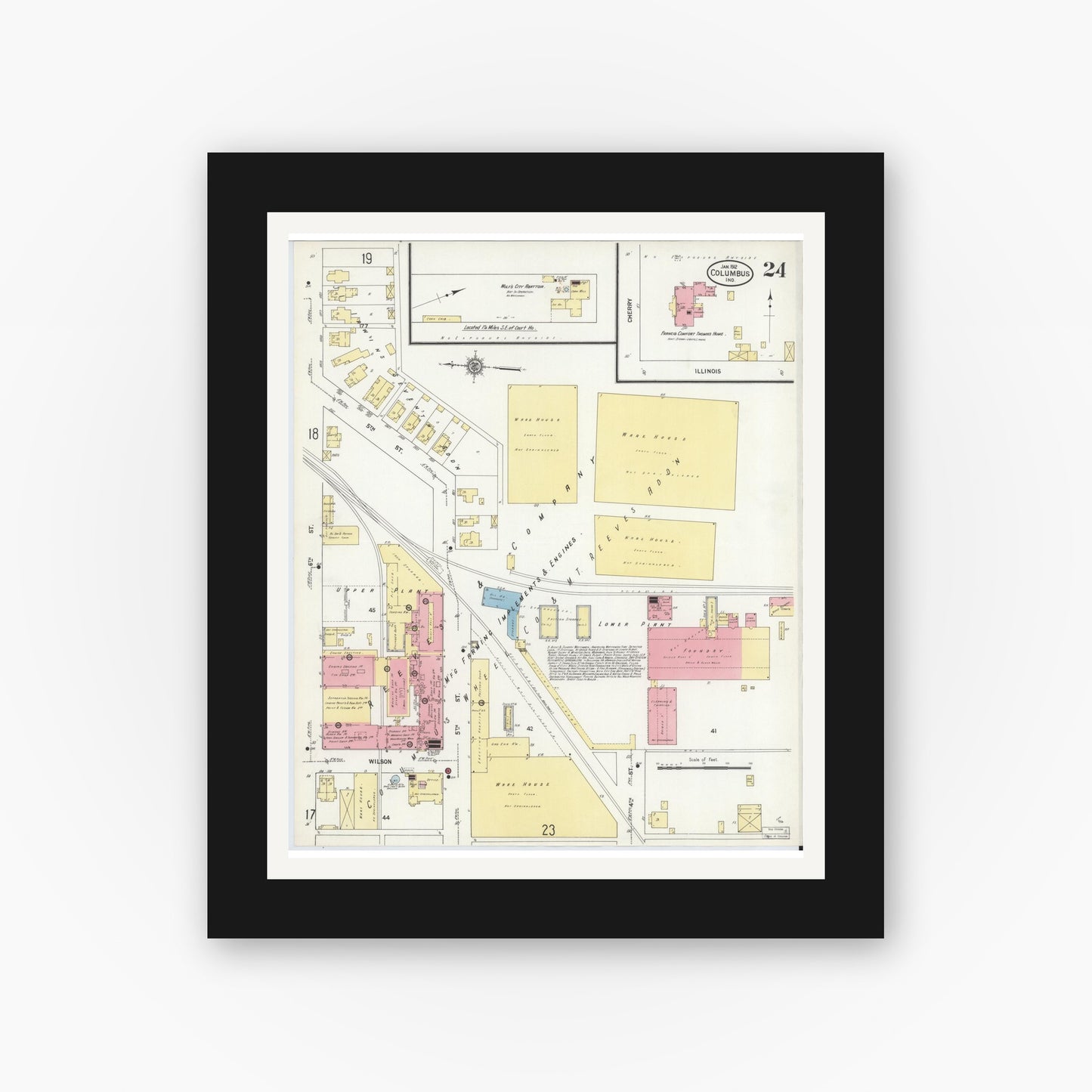 Old map wall art mockup — black gallery frame with white mat — Sanborn Fire Insurance Map from Columbus, Bartholomew County, Indiana (1912), Sheet #0024