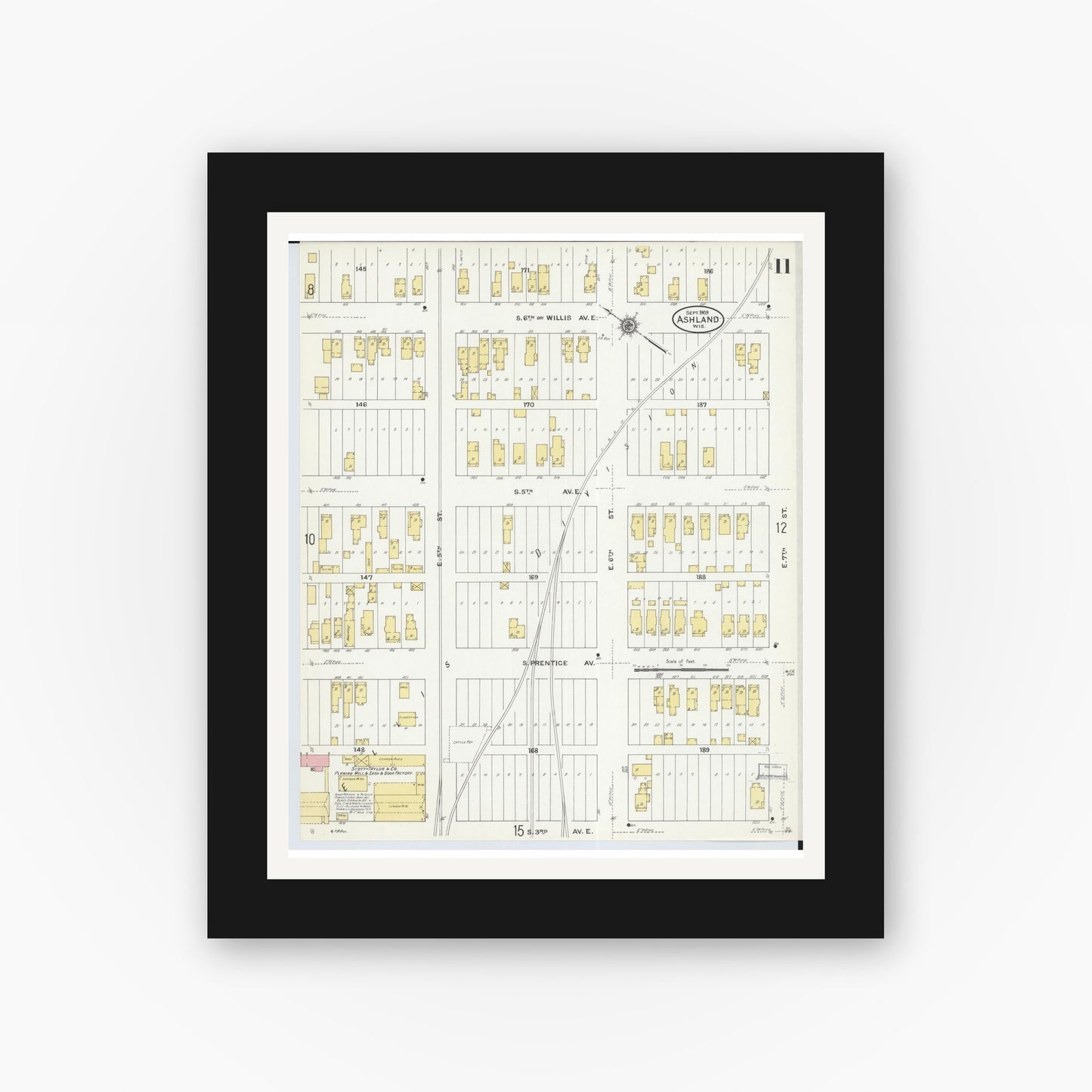 Old map wall art mockup — black gallery frame with white mat — Sanborn Fire Insurance Map from Ashland, Ashland County, Wisconsin (1909), Sheet #0011