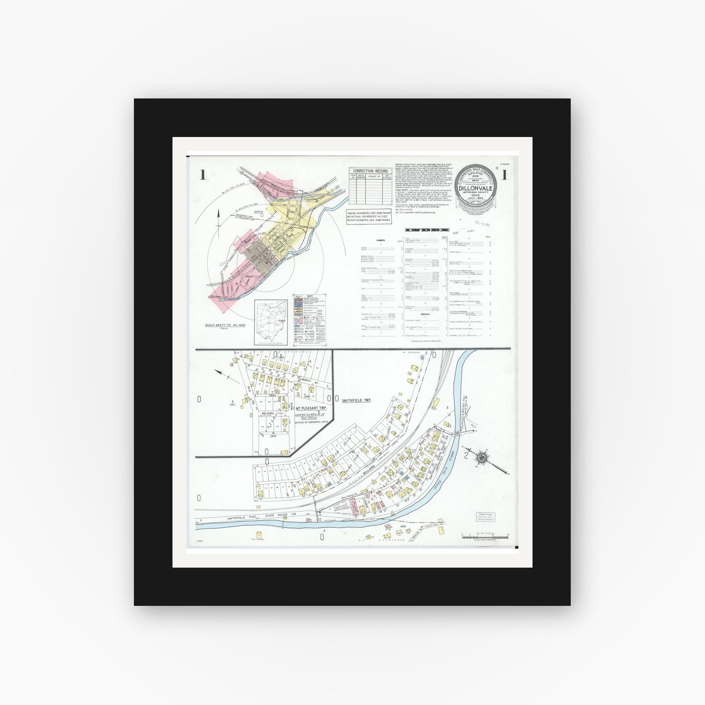 Old map wall art mockup — black gallery frame with white mat — Sanborn Fire Insurance Map from Dillonvale, Jefferson County, Ohio (1950) - Complete Map Set