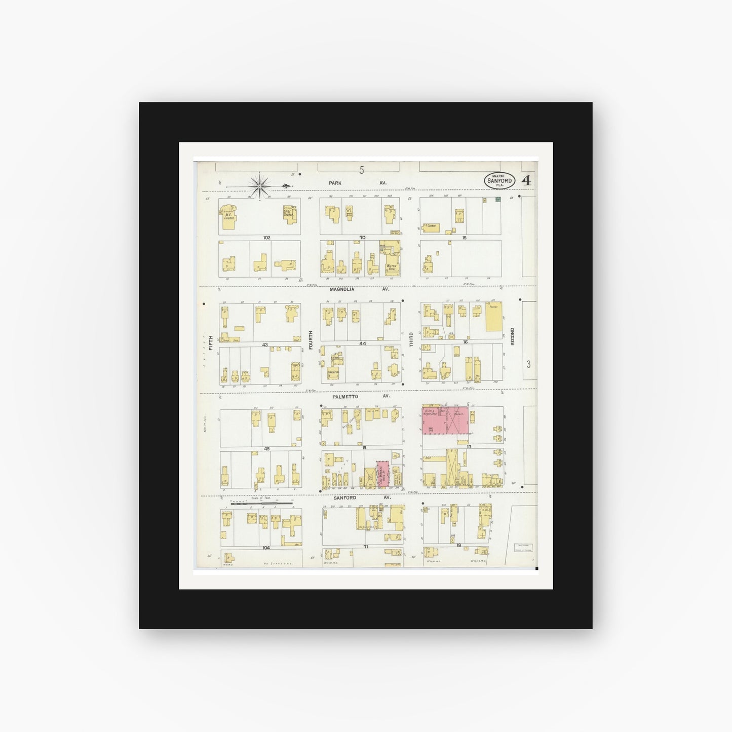 Old map wall art mockup — black gallery frame with white mat — Sanborn Fire Insurance Map from Sanford, Seminole County, Florida (1901), Sheet #0004
