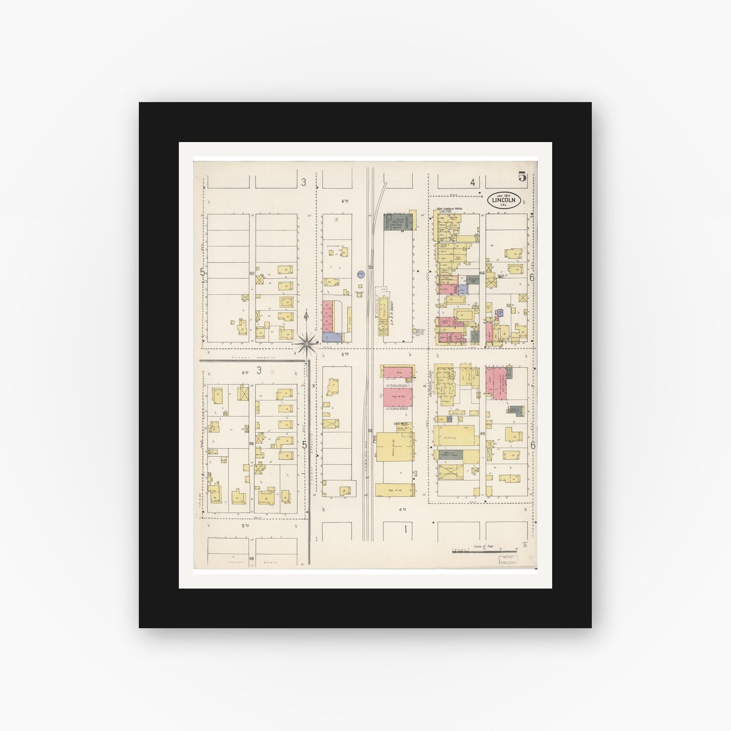 Old map wall art mockup — black gallery frame with white mat — Sanborn Fire Insurance Map from Lincoln, Placer County, California (1910), Sheet #0005