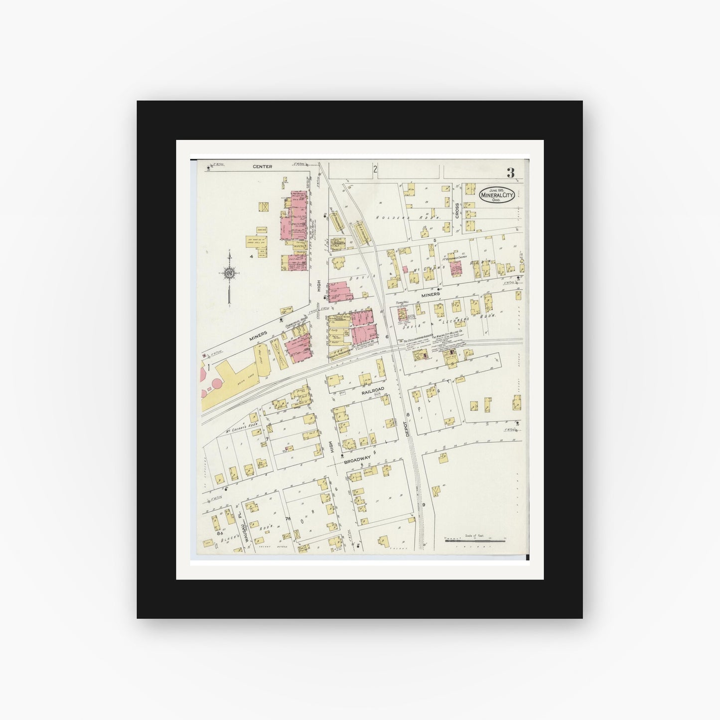 Old map wall art mockup — black gallery frame with white mat — Sanborn Fire Insurance Map from Mineral City, Tuscarawas County, Ohio (1915), Sheet #0003