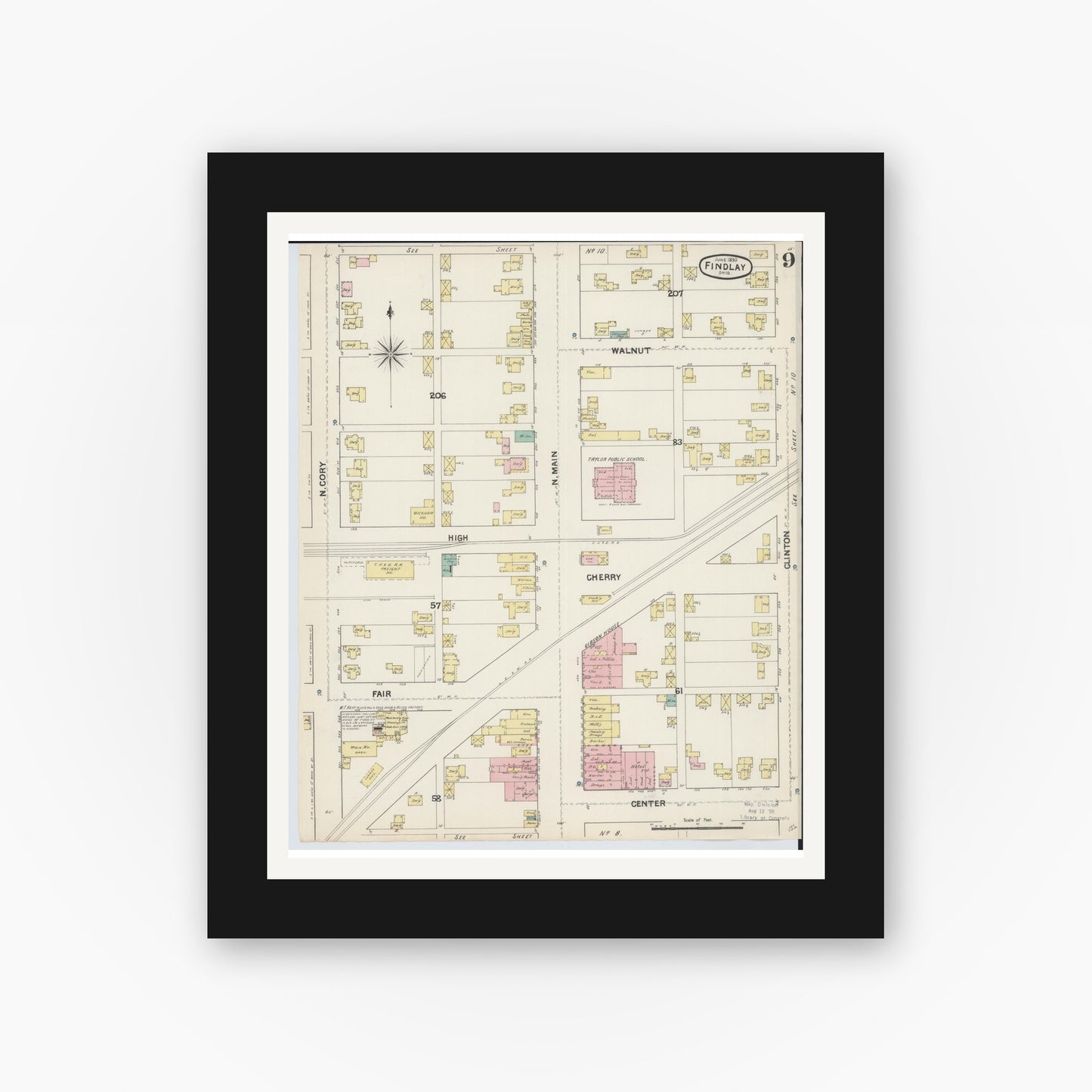 Old map wall art mockup — black gallery frame with white mat — Sanborn Fire Insurance Map from Findlay, Hancock County, Ohio (1890), Sheet #0009