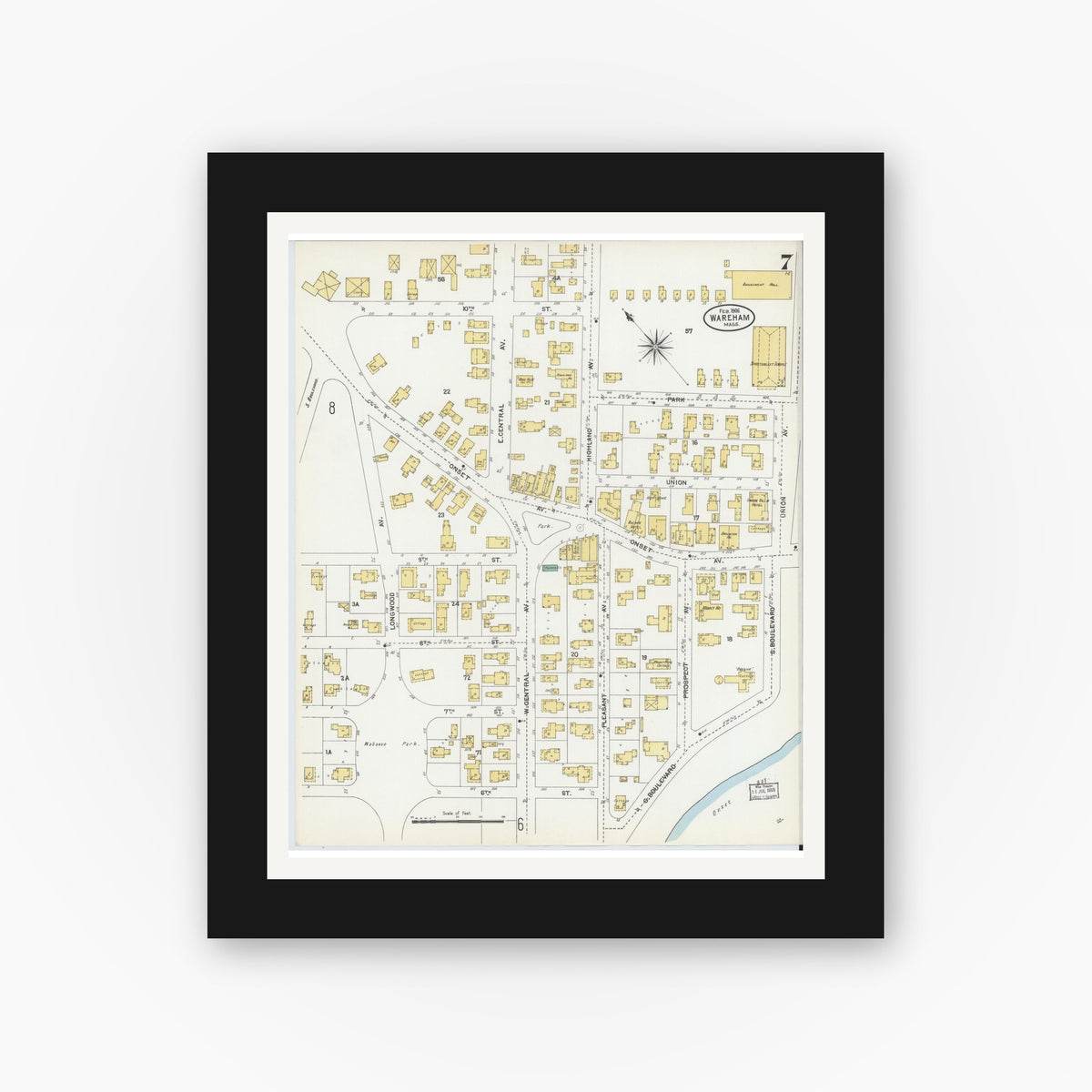 Old map wall art mockup — black gallery frame with white mat — Sanborn Fire Insurance Map from Wareham, Plymouth County, Massachusetts (1906), Sheet #0007