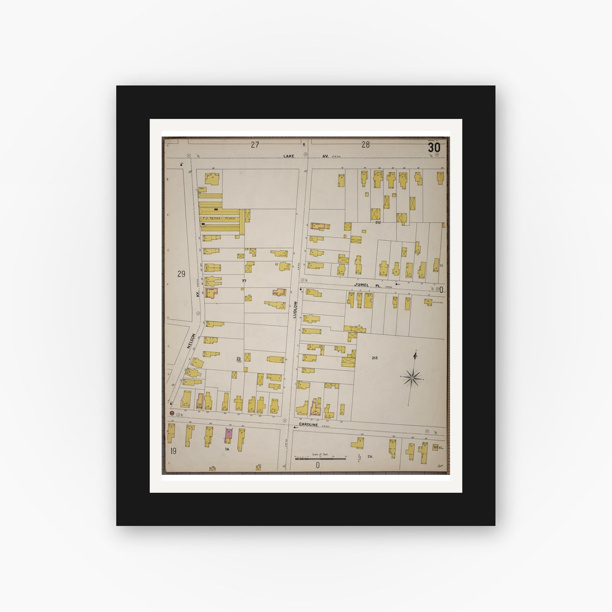 Old map wall art mockup — black gallery frame with white mat — Sanborn Fire Insurance Map from Saratoga, Saratoga County, New York (1900), Sheet #0030