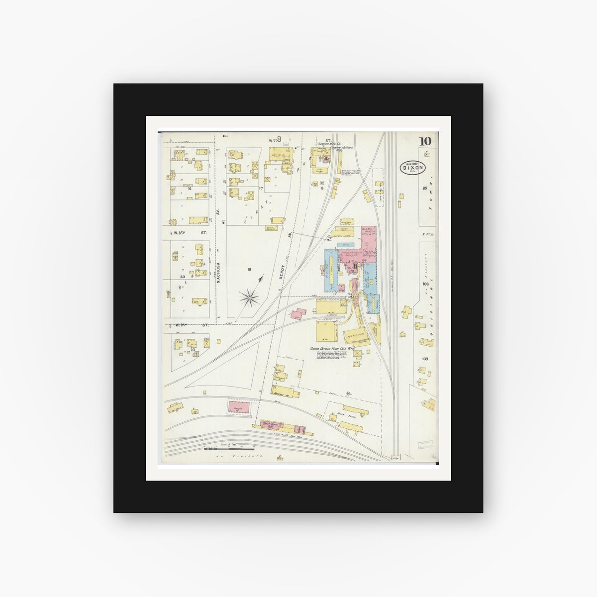 Old map wall art mockup — black gallery frame with white mat — Sanborn Fire Insurance Map from Dixon, Lee County, Illinois (1897), Sheet #0010