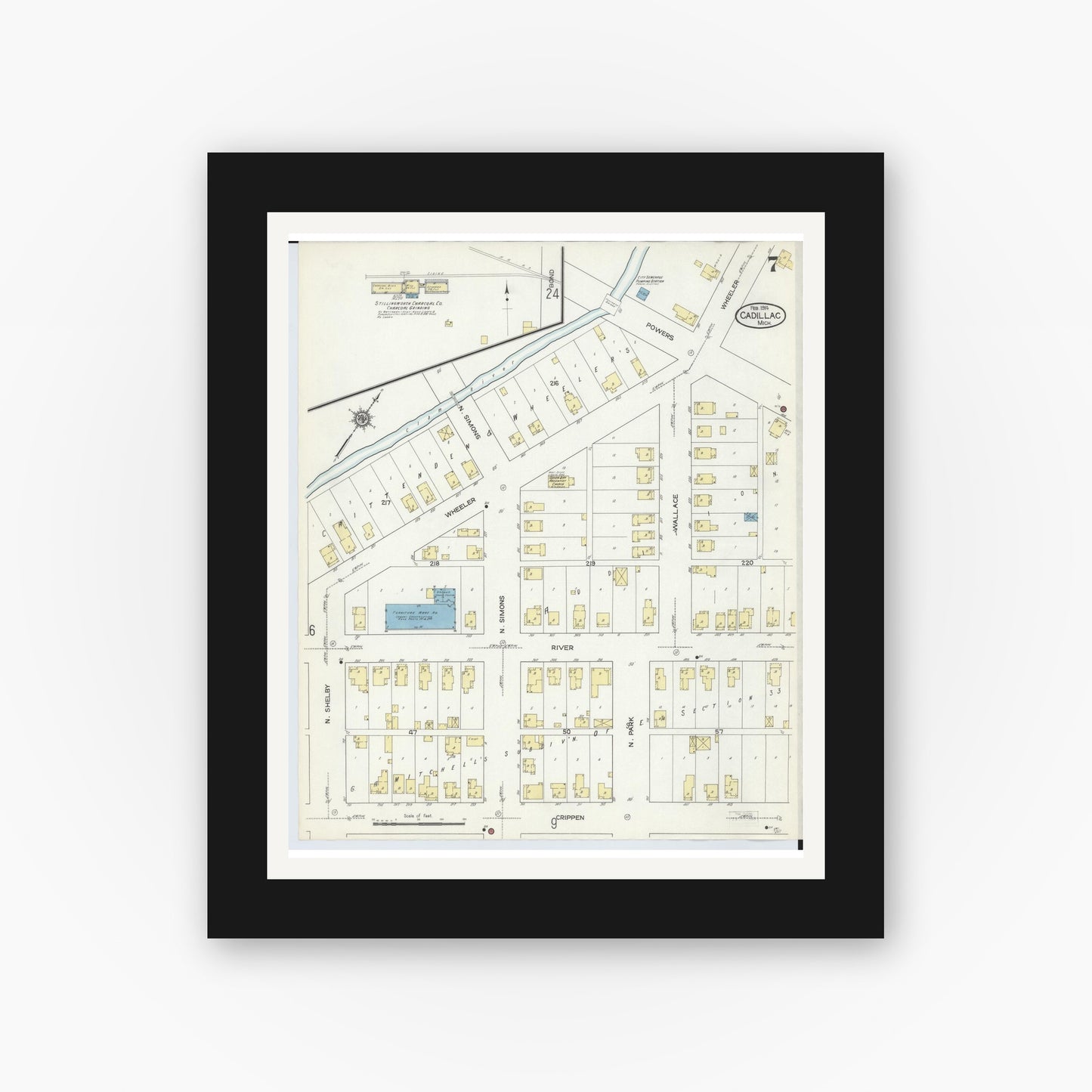 Old map wall art mockup — black gallery frame with white mat — Sanborn Fire Insurance Map from Cadillac, Wexford County, Michigan (1914), Sheet #0007