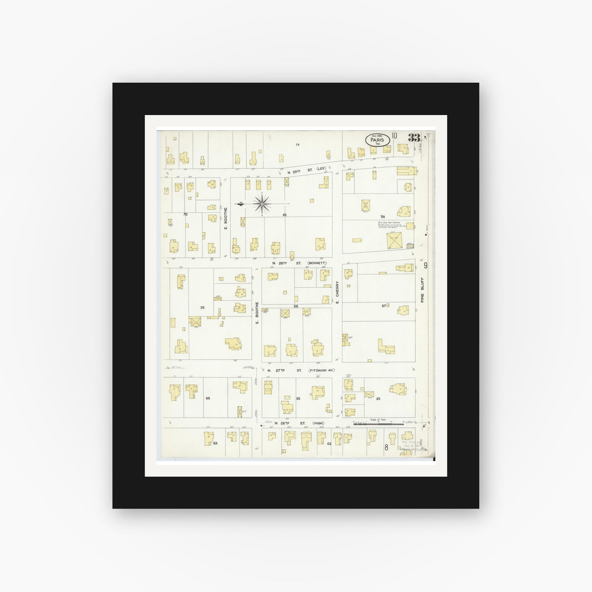 Old map wall art mockup — black gallery frame with white mat — Sanborn Fire Insurance Map from Paris, Lamar County, Texas (1908), Sheet #0033