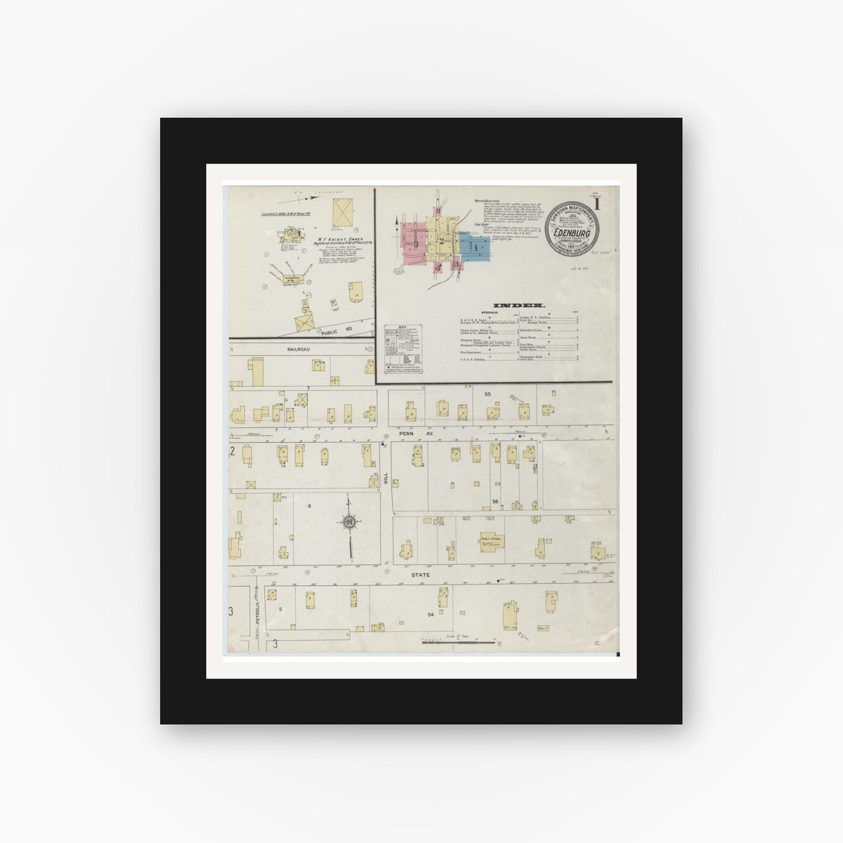 Old map wall art mockup — black gallery frame with white mat — Sanborn Fire Insurance Map from Edenburg, Clarion County, Pennsylvania (1912), Sheet #0001