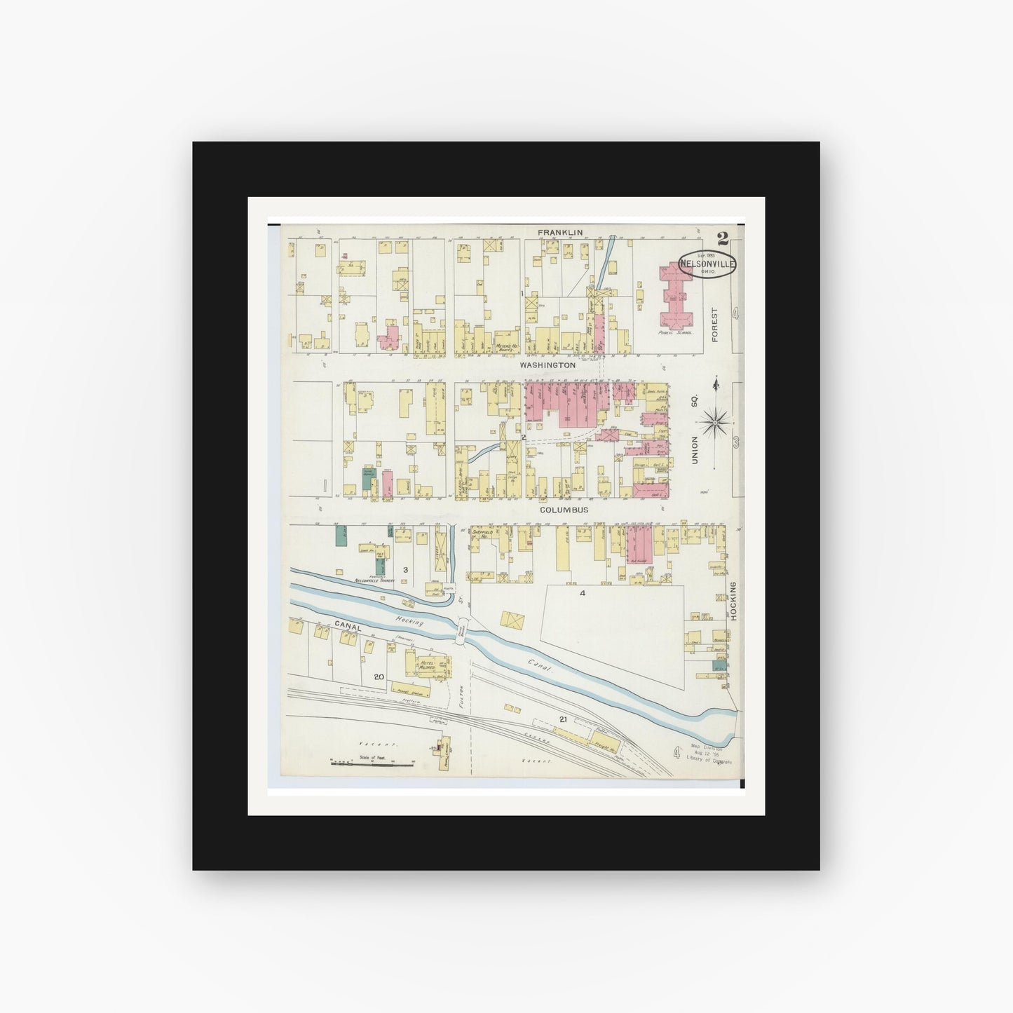 Old map wall art mockup — black gallery frame with white mat — Sanborn Fire Insurance Map from Nelsonville, Athens County, Ohio (1893), Sheet #0002