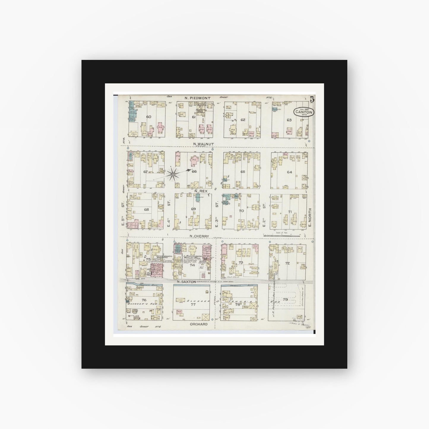 Old map wall art mockup — black gallery frame with white mat — Sanborn Fire Insurance Map from Canton, Stark County, Ohio (1887), Sheet #0005
