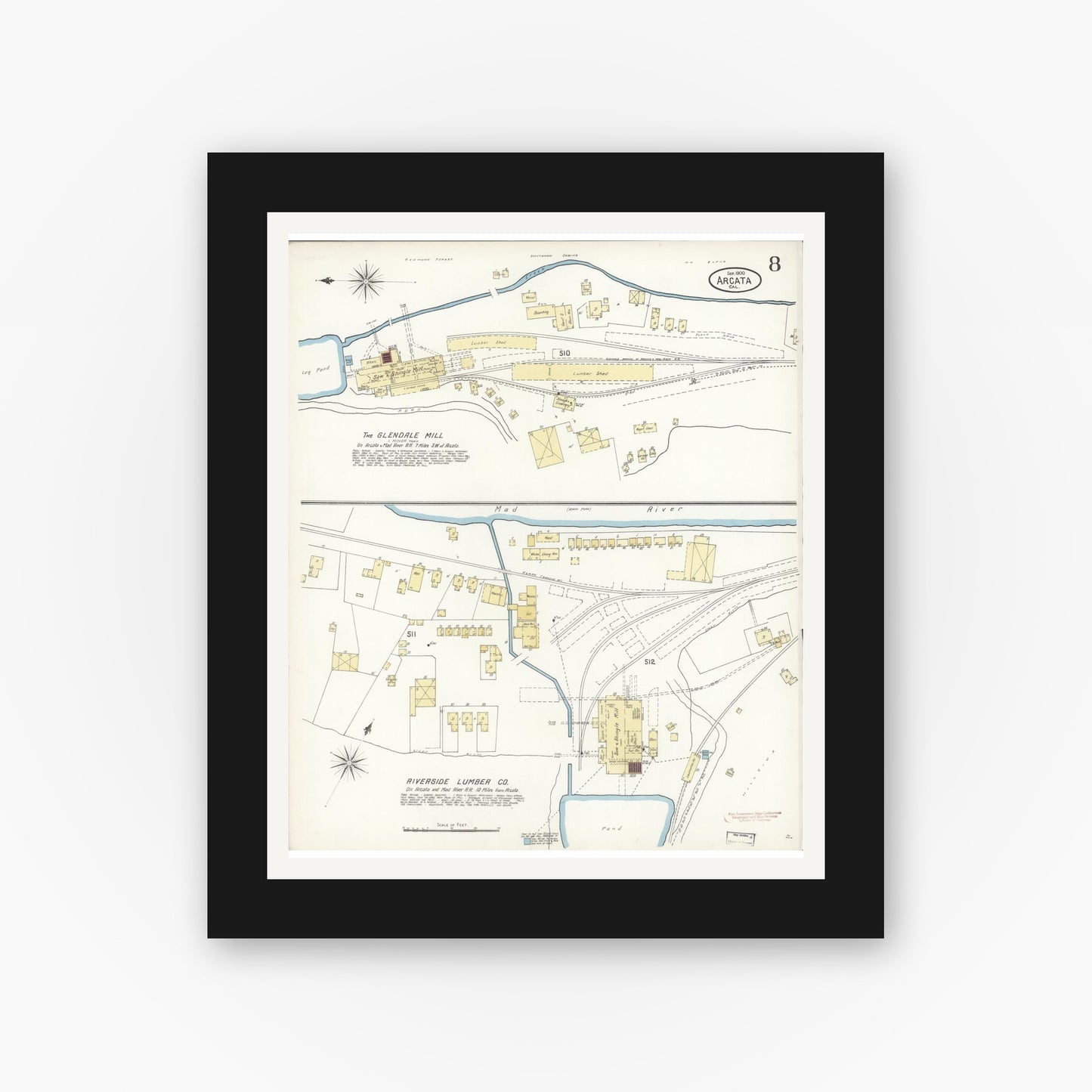Old map wall art mockup — black gallery frame with white mat — Sanborn Fire Insurance Map from Arcata, Humboldt County, California (1900), Sheet #0008