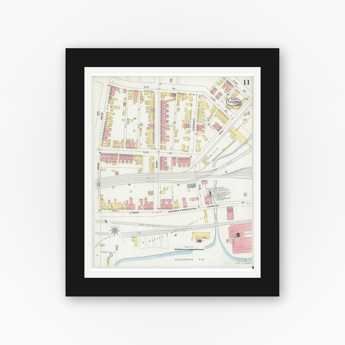 Old map wall art mockup — black gallery frame with white mat — Sanborn Fire Insurance Map from Columbia, Lancaster County, Pennsylvania (1899), Sheet #0011