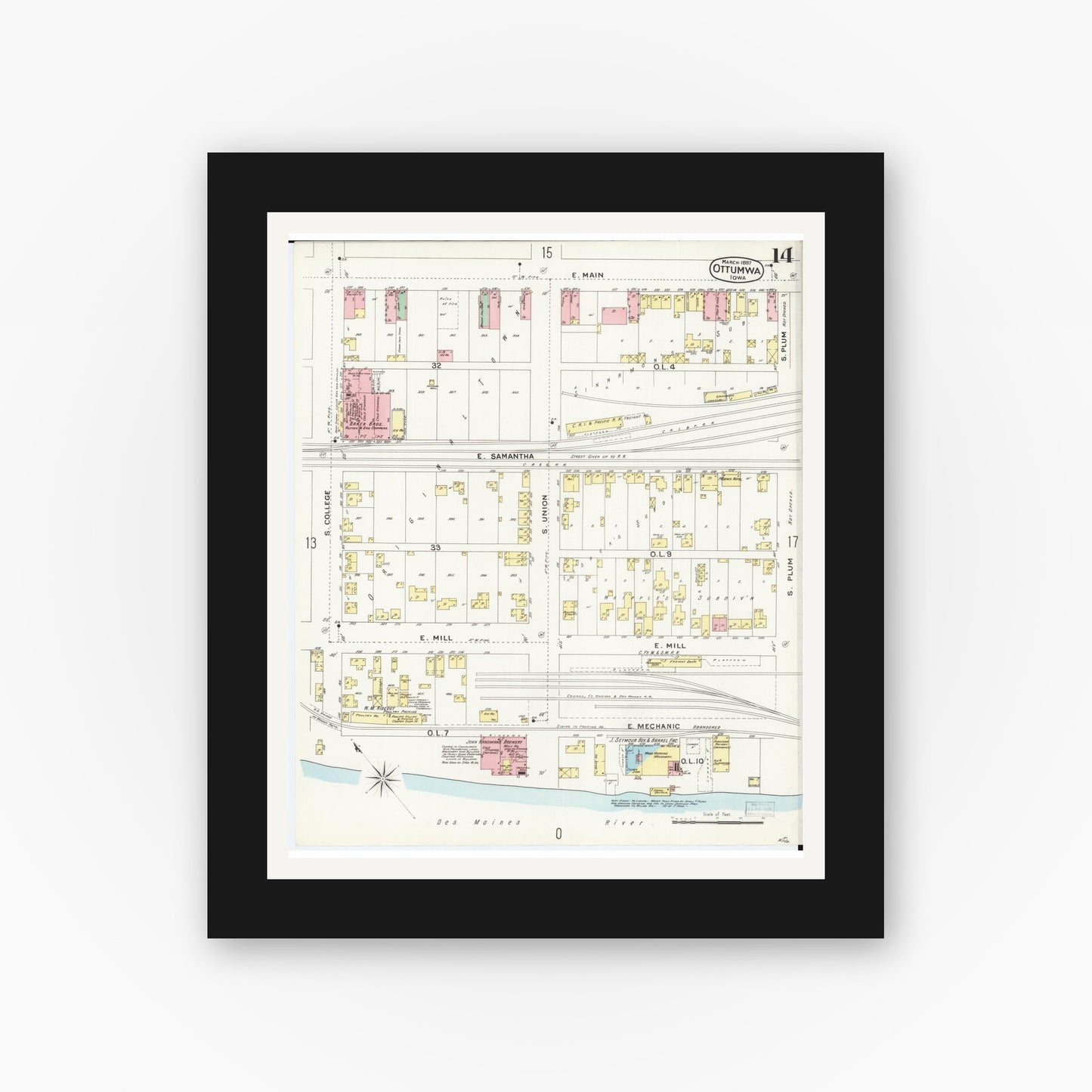 Old map wall art mockup — black gallery frame with white mat — Sanborn Fire Insurance Map from Ottumwa, Wapello County, Iowa (1897), Sheet #0014