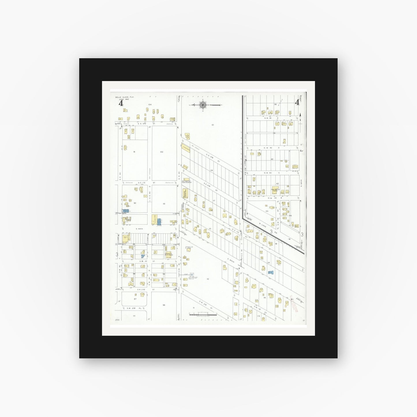 Old map wall art mockup — black gallery frame with white mat — Sanborn Fire Insurance Map from Belle Glade, Palm Beach County, Florida (1942), Sheet #0004