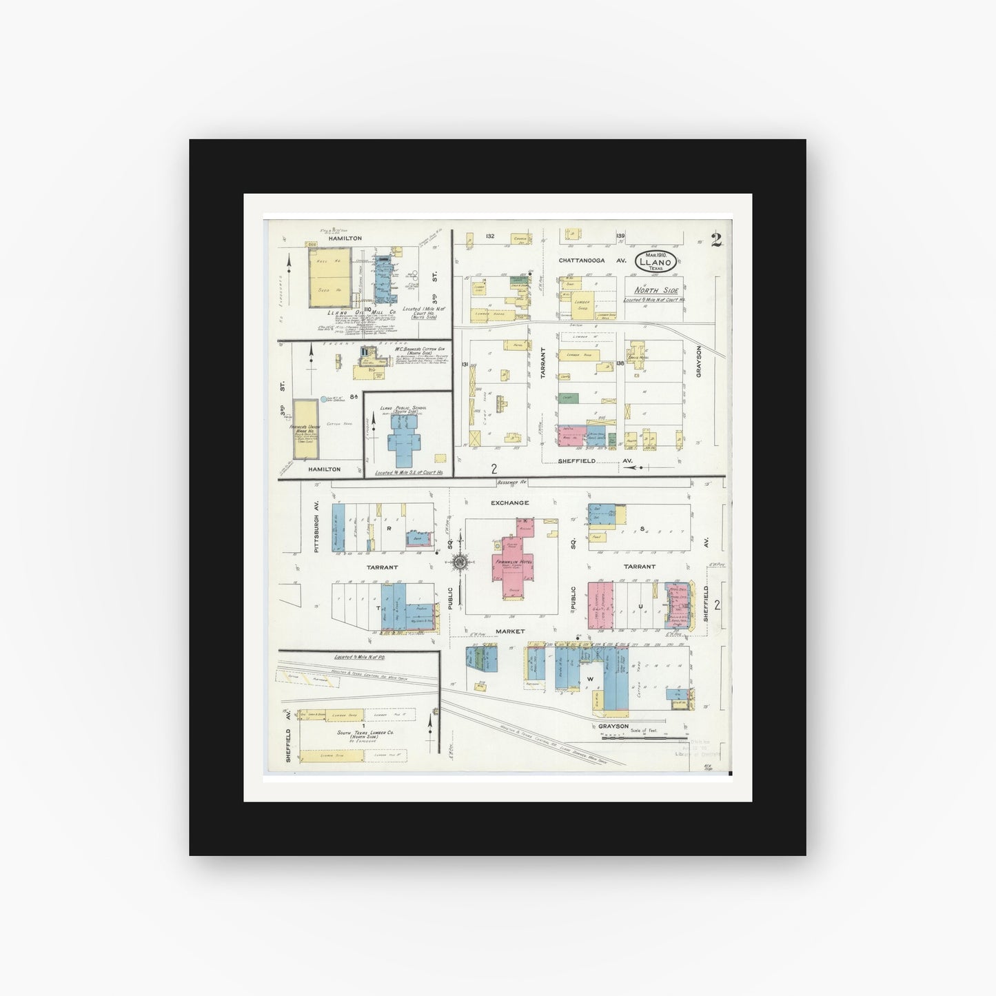 Old map wall art mockup — black gallery frame with white mat — Sanborn Fire Insurance Map from Llano, Llano County, Texas (1910), Sheet #0002