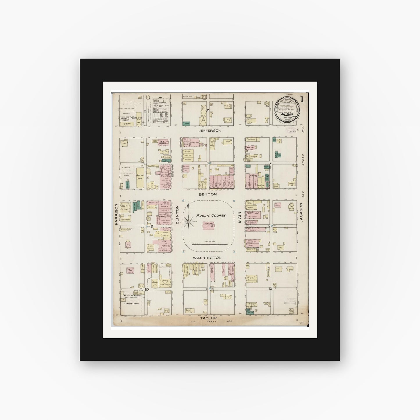 Old map wall art mockup — black gallery frame with white mat — Sanborn Fire Insurance Map from Albia, Monroe County, Iowa (1886), Sheet #0001