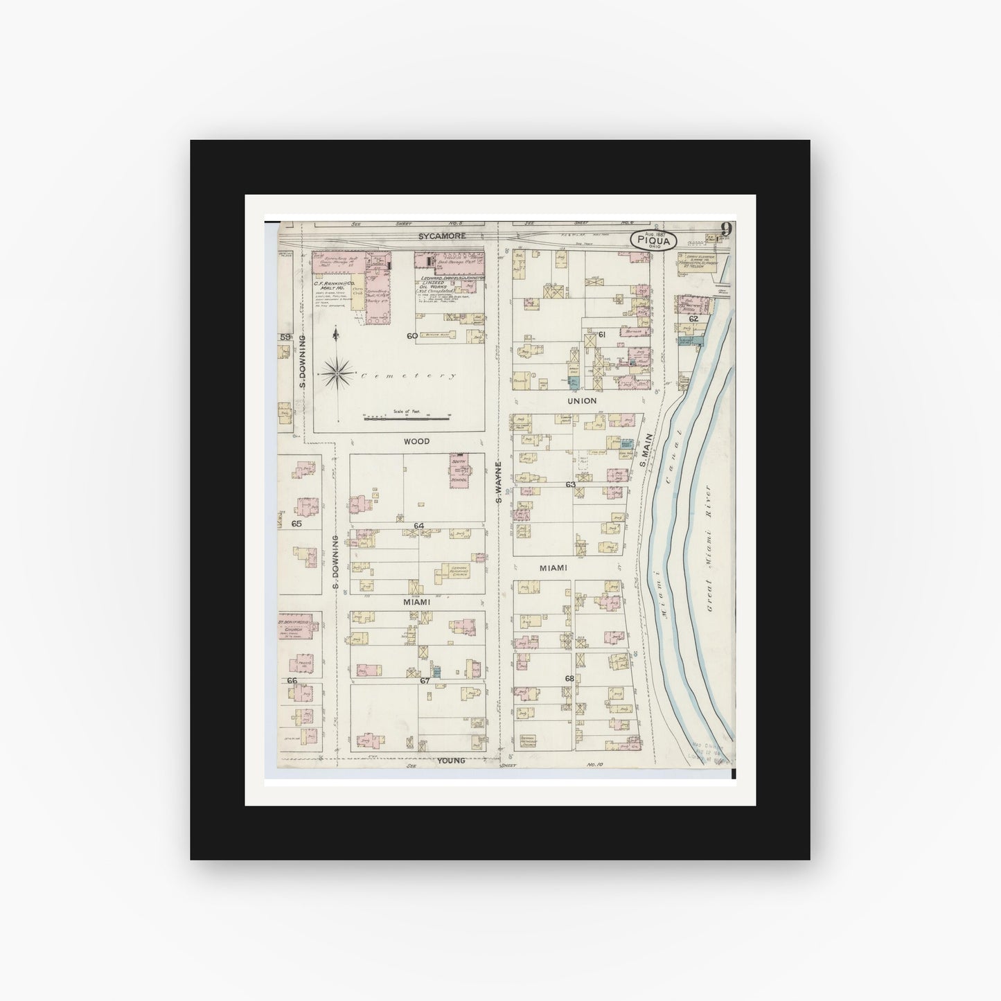 Old map wall art mockup — black gallery frame with white mat — Sanborn Fire Insurance Map from Piqua, Miami County, Ohio (1887), Sheet #0009
